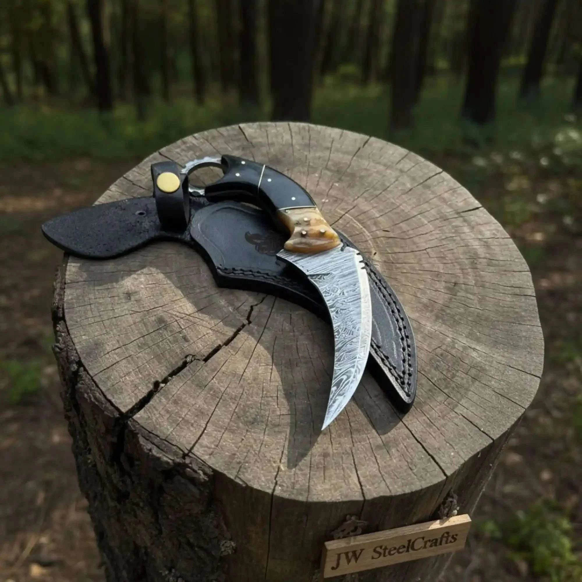 Palmarius Outdoors Handmade Damascus Karambit Knife with Horn Handle and Finger Ring karambit knife