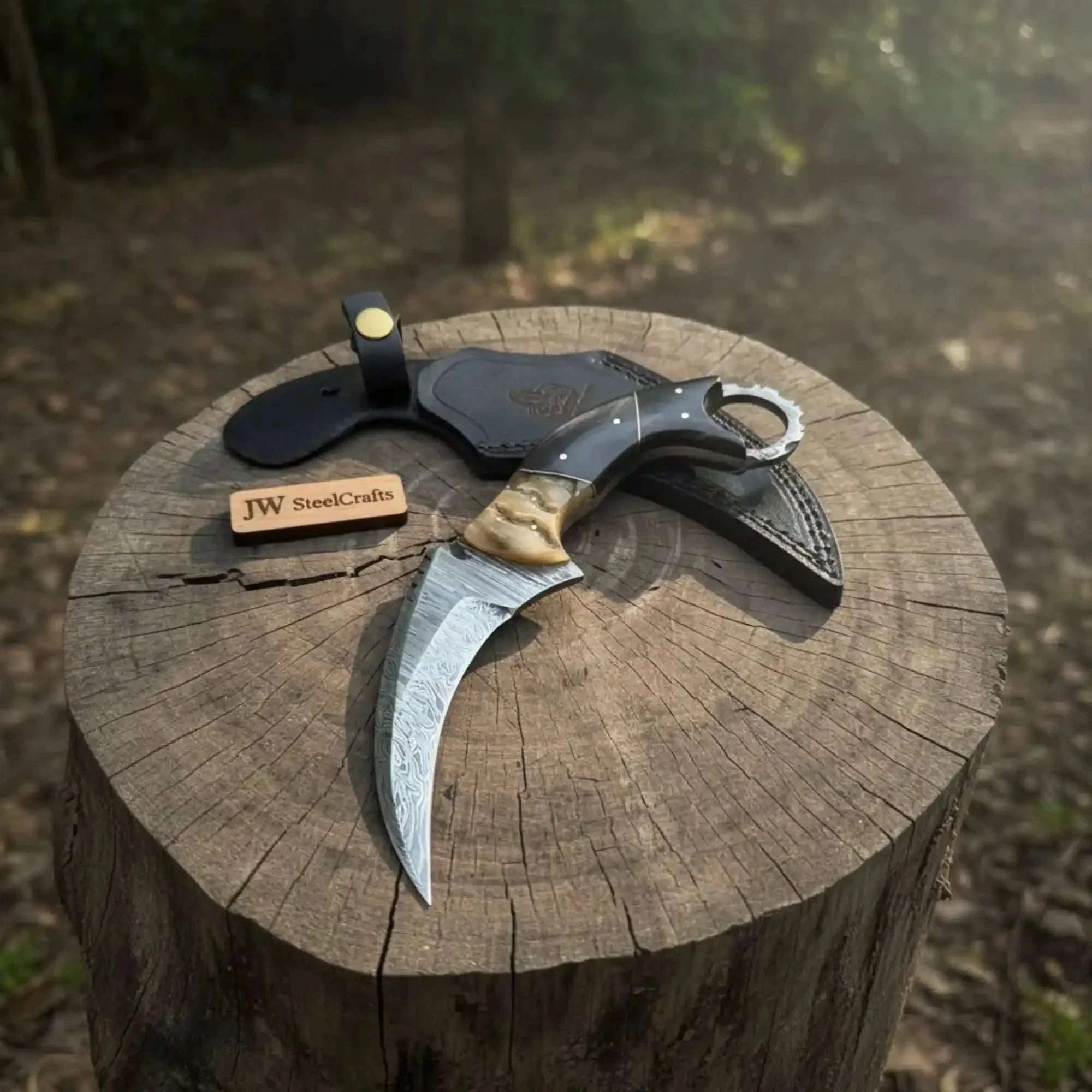 Palmarius Outdoors Handmade Damascus Karambit Knife with Horn Handle and Finger Ring karambit knife