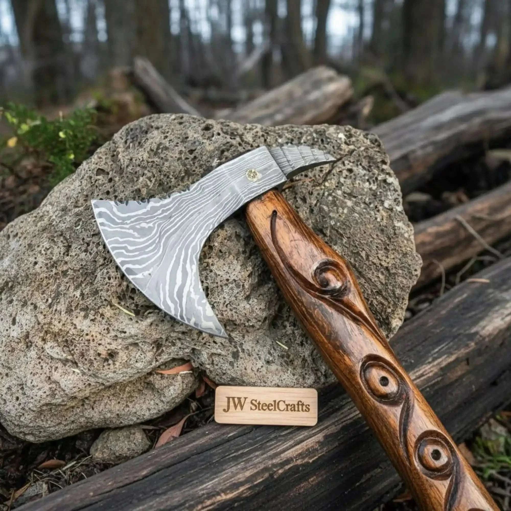 Palmarius Outdoors Handmade Damascus Steel Viking Bearded Axe – Pattern Welded Blade with Carved Hardwood Handle | JW SteelCrafts Handmade Axe