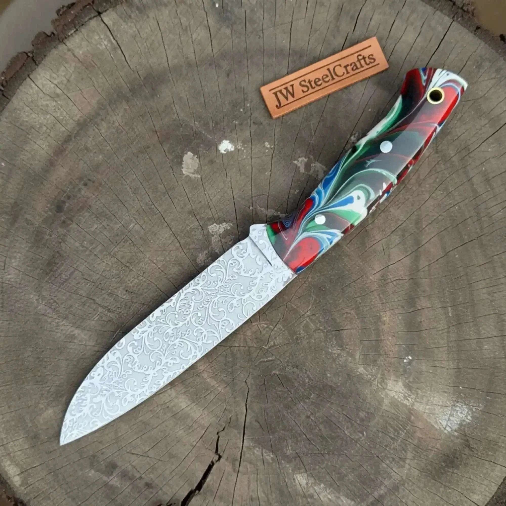 Palmarius Outdoors Bushcraft Utility Knife 9” – Acid Etched Blade with Marble Resin Handle Bushcraft Knife