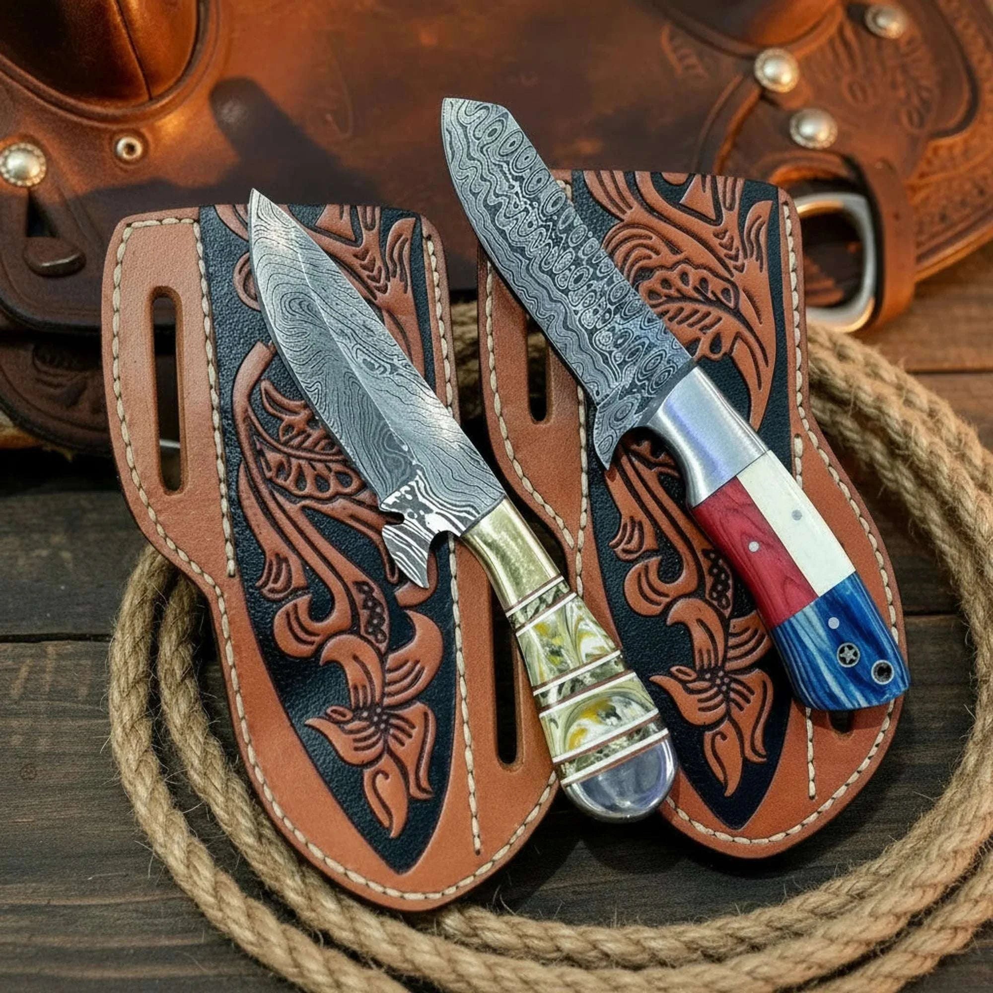 Palmarius Outdoors Handmade Damascus Cowboy Hunting Knife Set of 2 Texas Flag Resin Handle Pancake Sheath