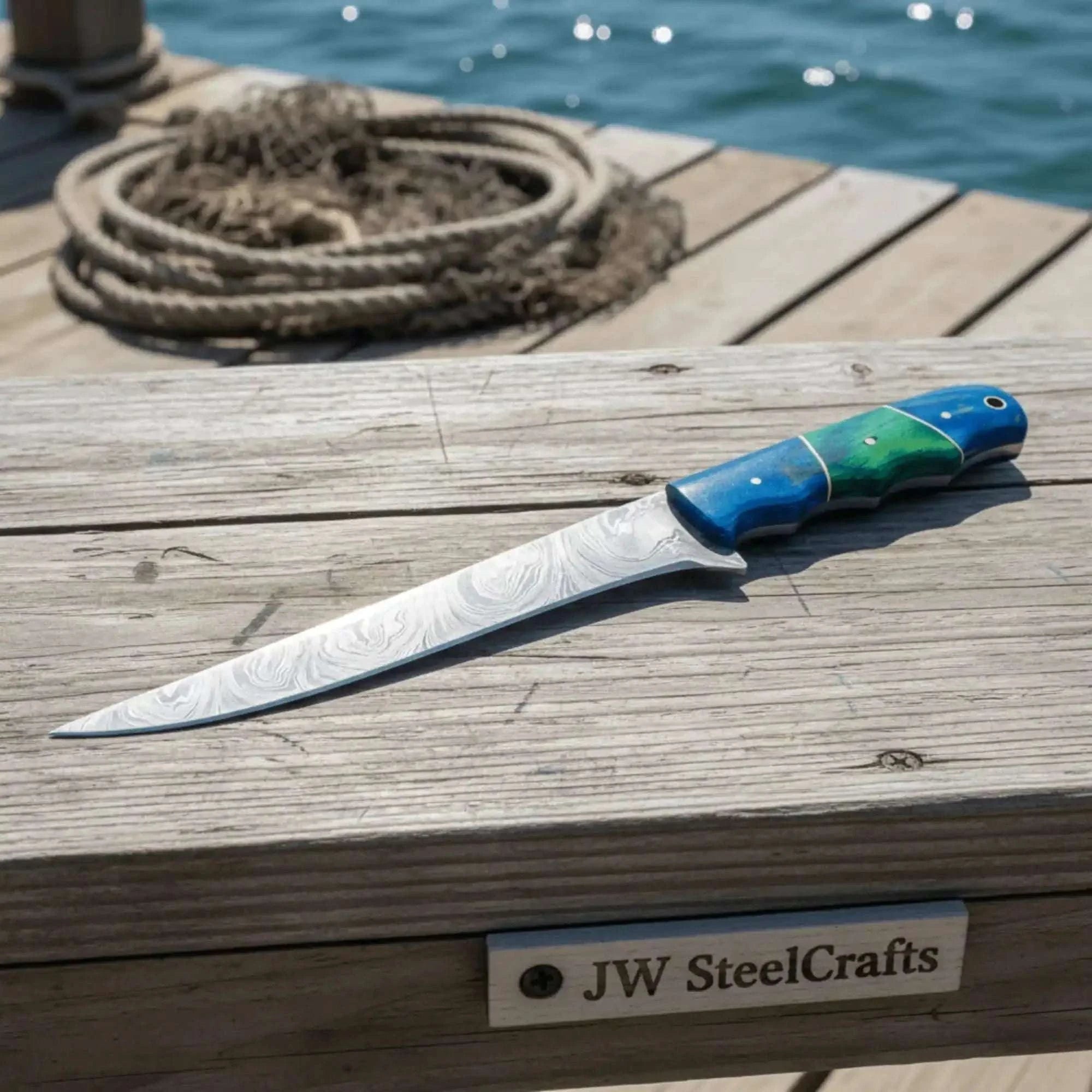 Palmarius Outdoors 11.5 Inch Damascus Steel Fillet Knife with Two-Tone Colored Wood Handle | JW SteelCrafts Handmade Fillet Knives