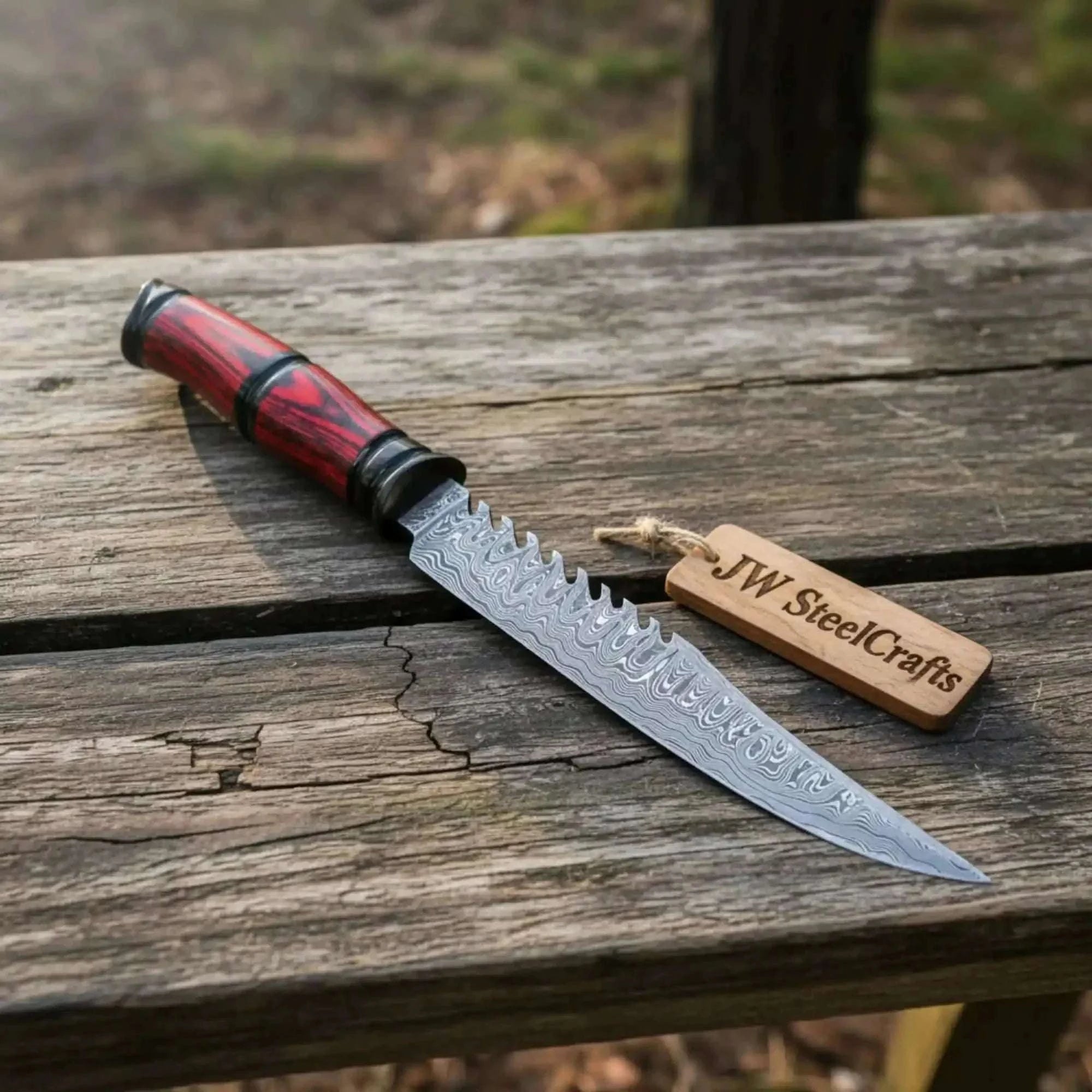 Palmarius Outdoors Handmade Damascus Dirk Knife Fixed Blade Red Black Handle Sharp Durable
