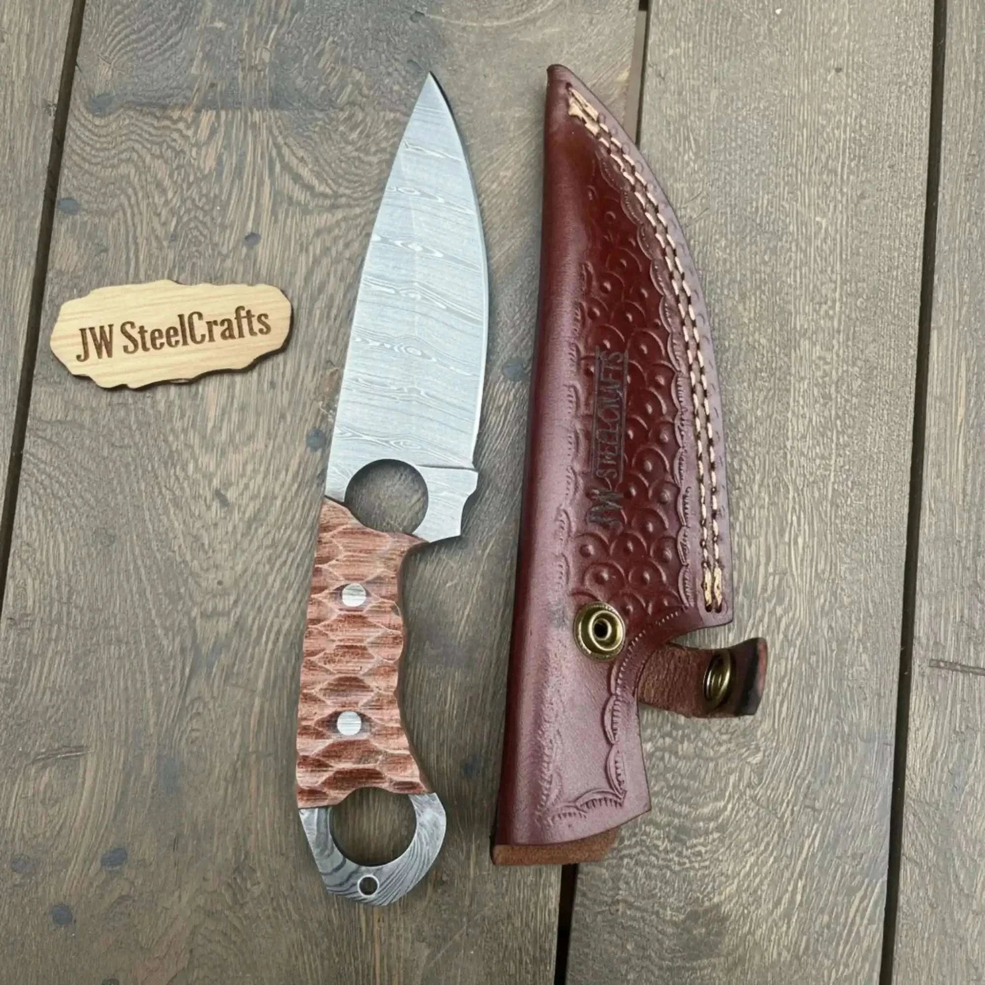 Palmarius Outdoors Damascus Hunting Skinner Knife Brown Micarta | Handle and Leather Sheath
