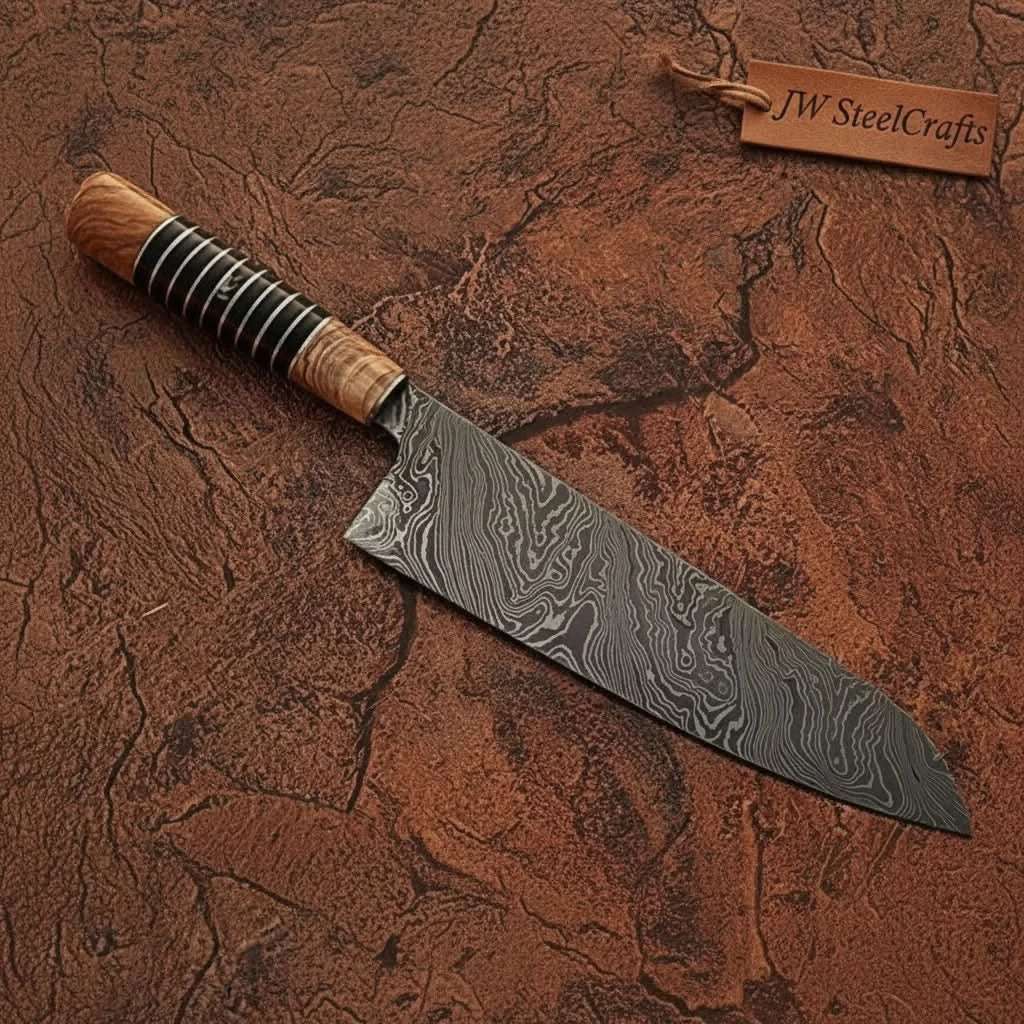 Palmarius Outdoors Damascus Kiritsuke Gyuto Chef Knife 12” – Olive Wood & Black Resin Handle with Brass Spacers | Full Tang Japanese Hybrid Knife Chef Knife