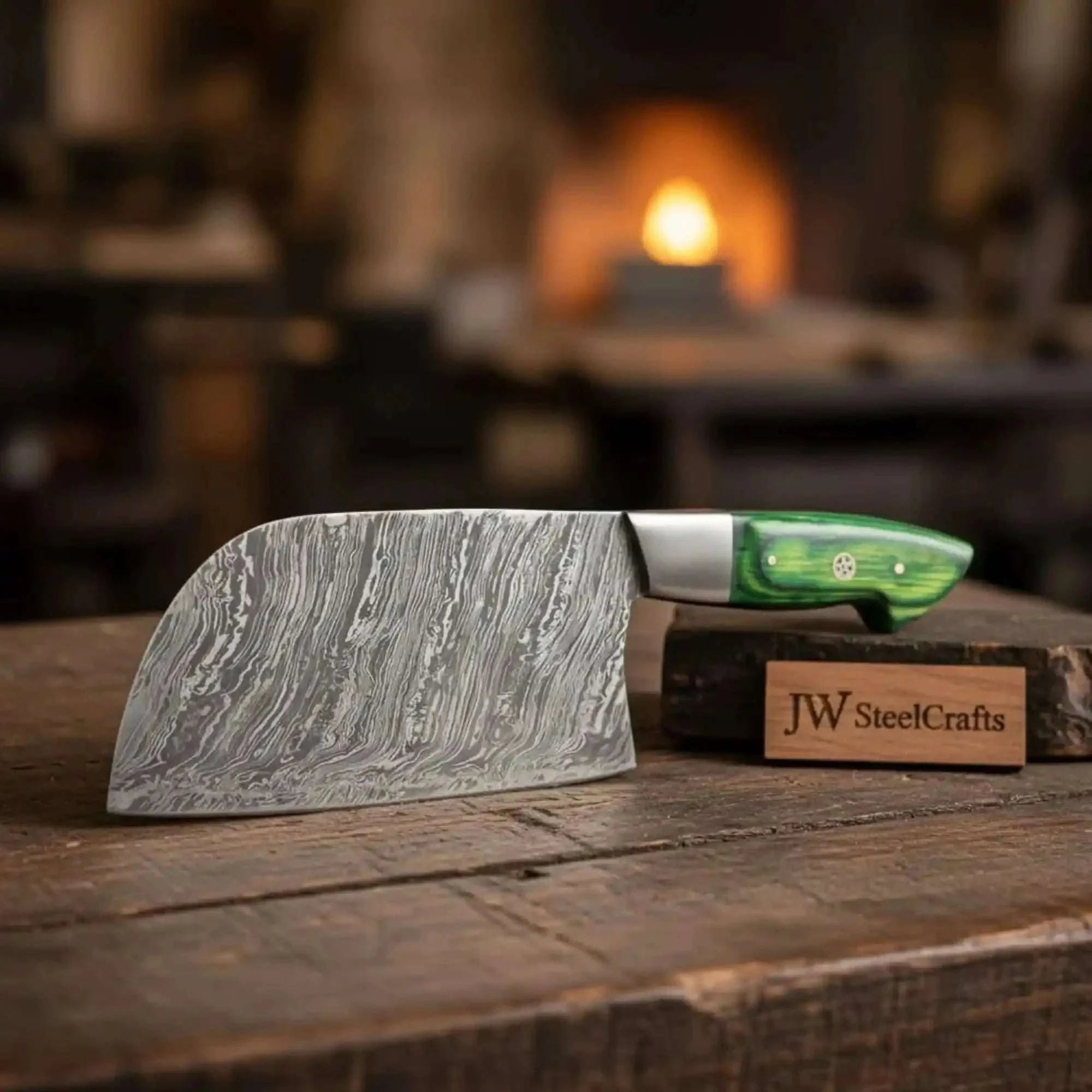 Palmarius Outdoors Handmade Damascus Nakiri Chef Knife with Wide Vegetable Blade, Green Pakka Wood Handle, Full Tang Kitchen Knife, JW SteelCrafts Cleaver Knives