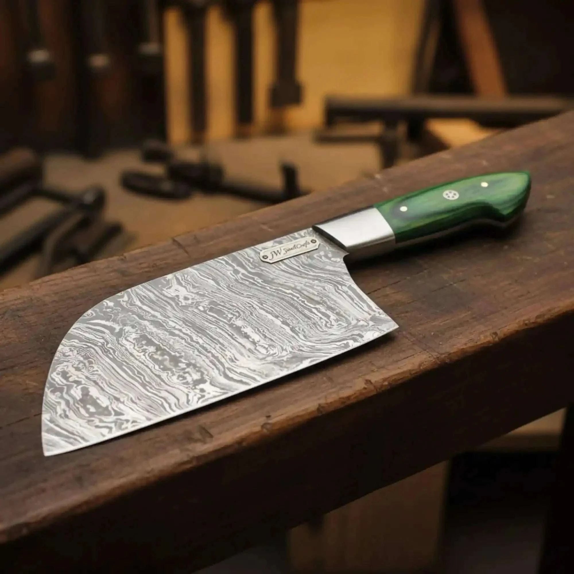 Palmarius Outdoors Handmade Damascus Nakiri Chef Knife with Wide Vegetable Blade, Green Pakka Wood Handle, Full Tang Kitchen Knife, JW SteelCrafts Cleaver Knives