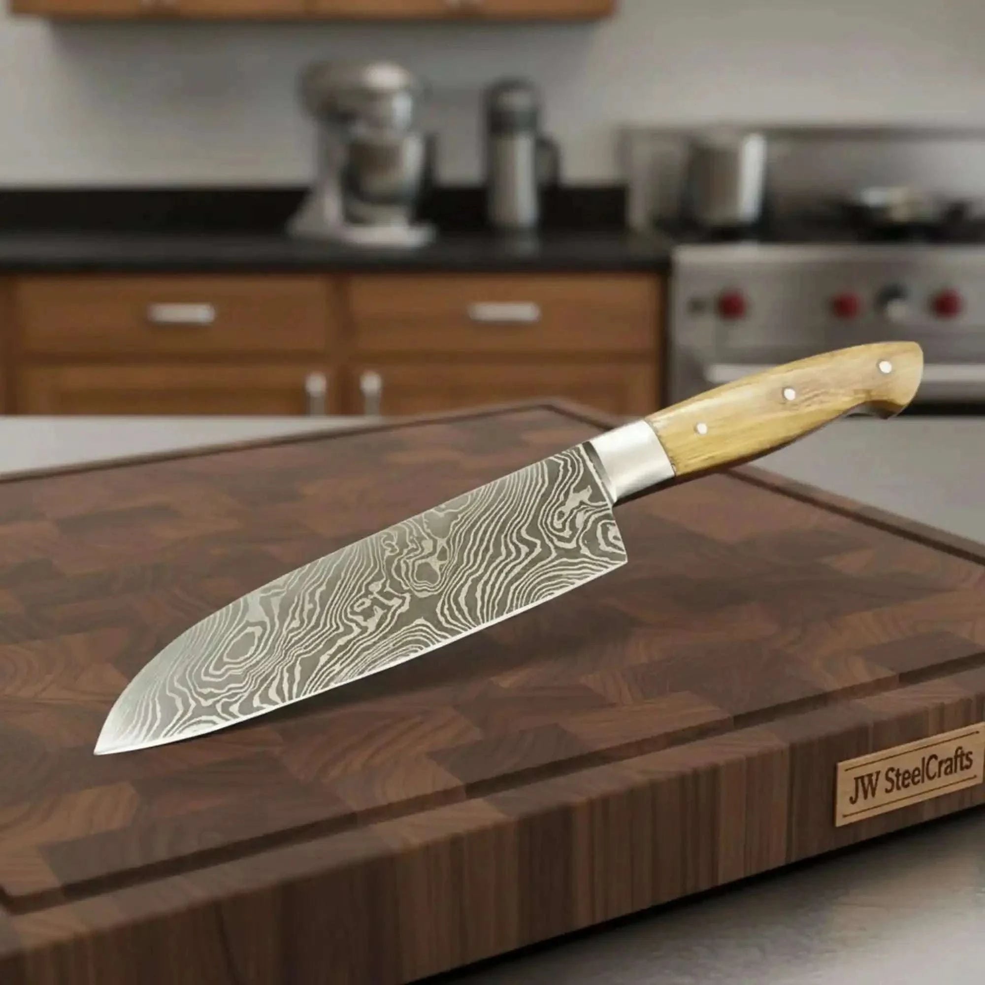 Palmarius Outdoors Custom Handmade Damascus Santoku Knife, Olive Wood Handle Japanese Chef Knife Santoku Knife