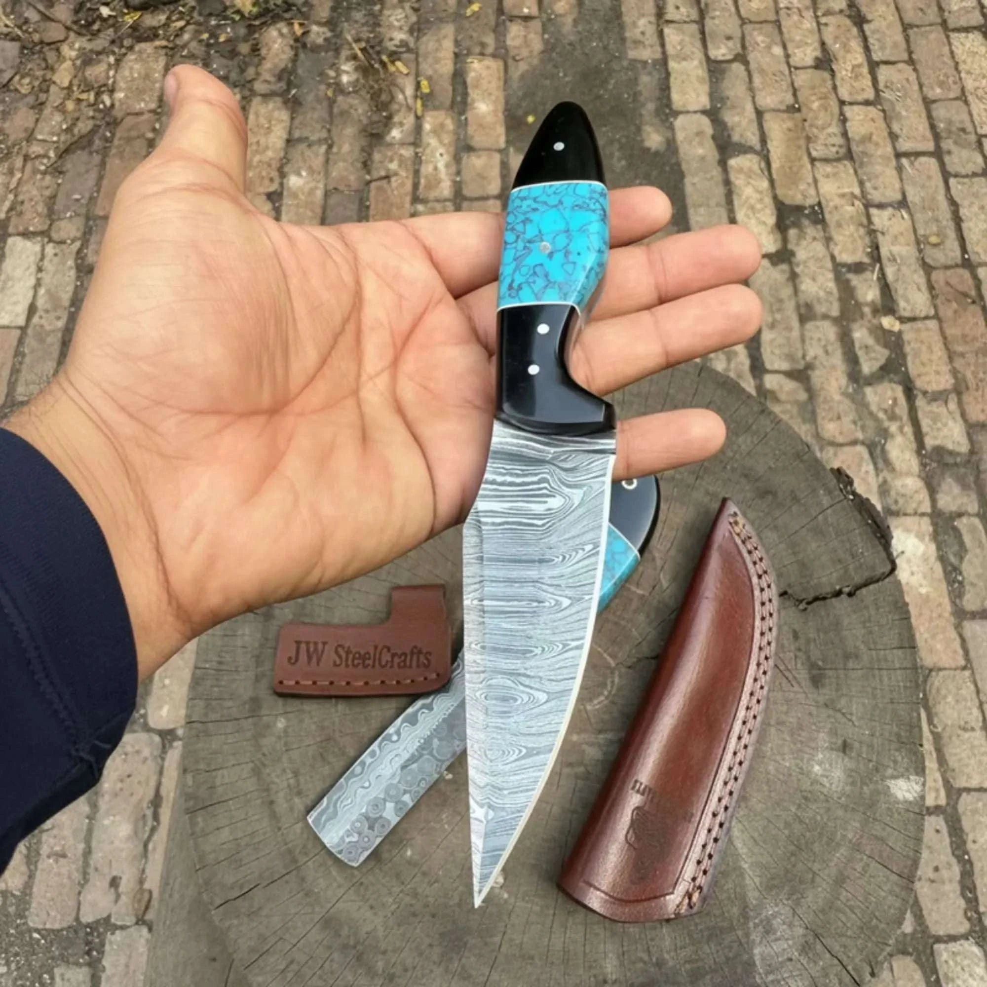 Palmarius Outdoors Handmade Damascus Skinner 7”–8” Knife Set Cowboy Ranch Blades Turquoise Handle with Sheath
