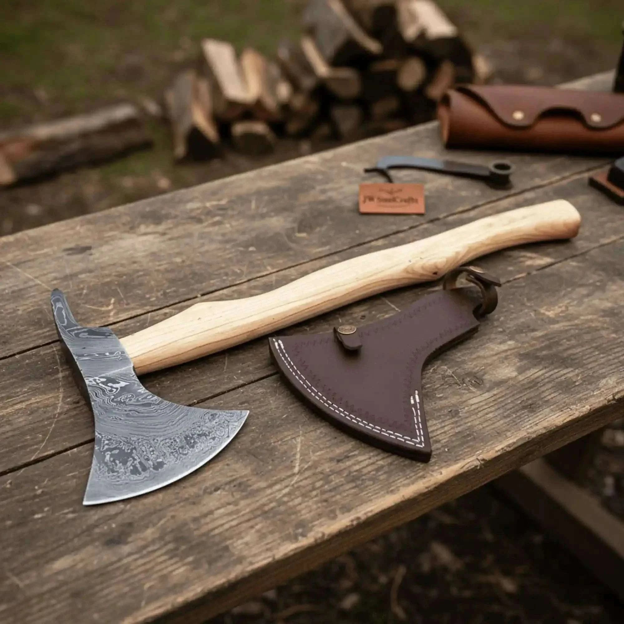 Palmarius Outdoors Handmade Damascus Steel Bearded Spike Axe – Hand Forged Viking Bearded Axe with Ash Wood Handle and Leather Sheath | JW SteelCrafts Handmade Axe