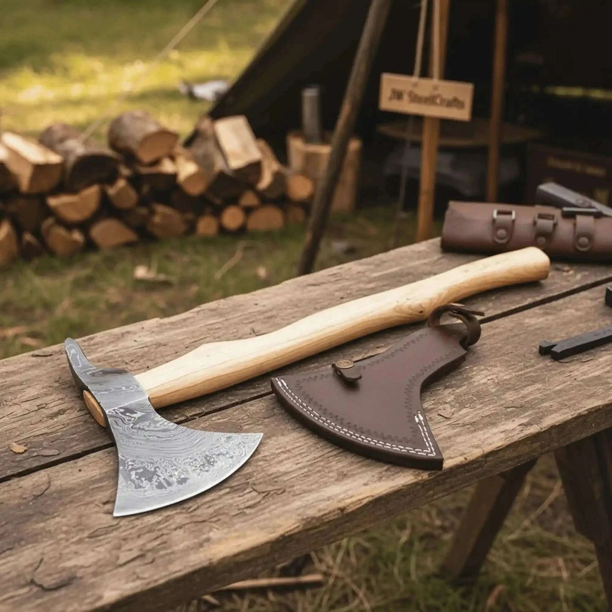 Palmarius Outdoors Handmade Damascus Steel Bearded Spike Axe – Hand Forged Viking Bearded Axe with Ash Wood Handle and Leather Sheath | JW SteelCrafts Handmade Axe