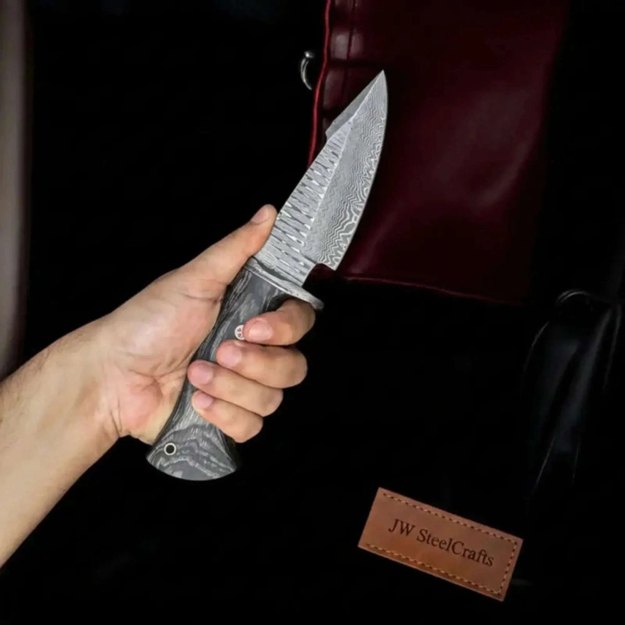 Palmarius Outdoors Handmade Bobcat Hunting Knife 8” Damascus Steel Fixed Blade Gray Pakka Wood Handle
