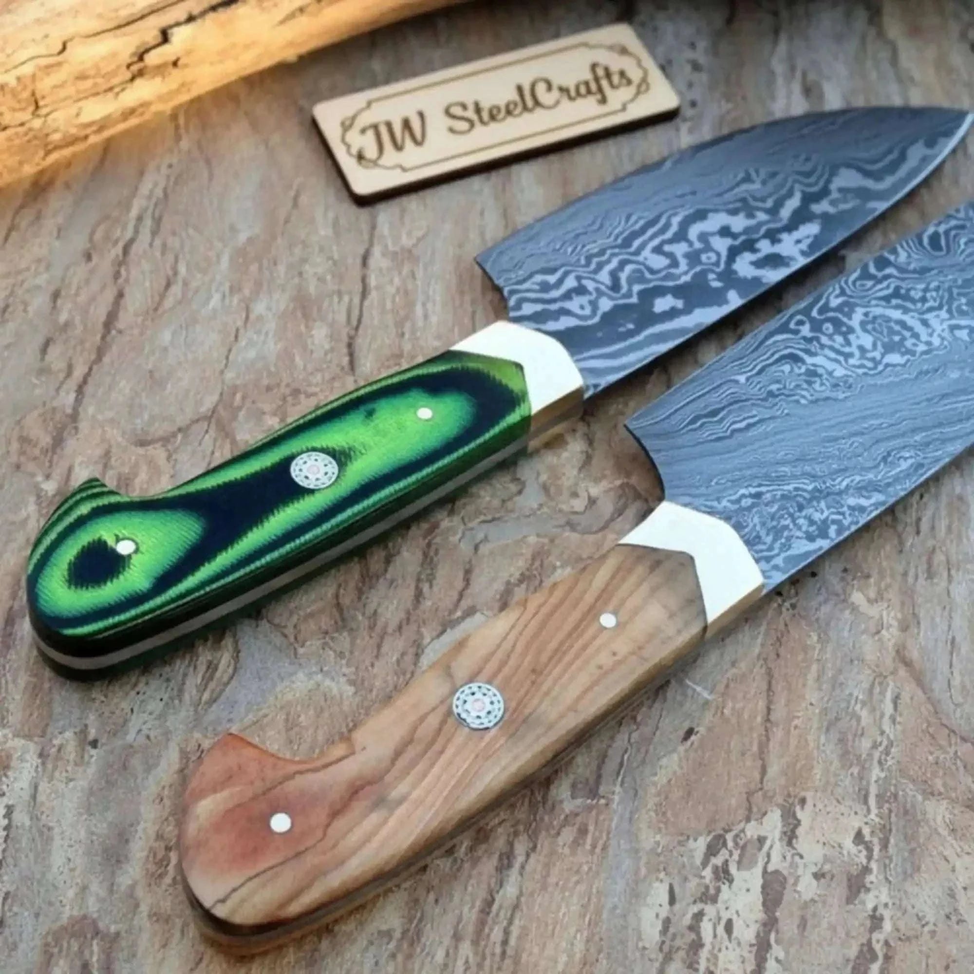 Palmarius Outdoors Handmade Damascus Steel Chef Knife Set - 2-Piece with Wooden & Green Resin Handles Chef Knife