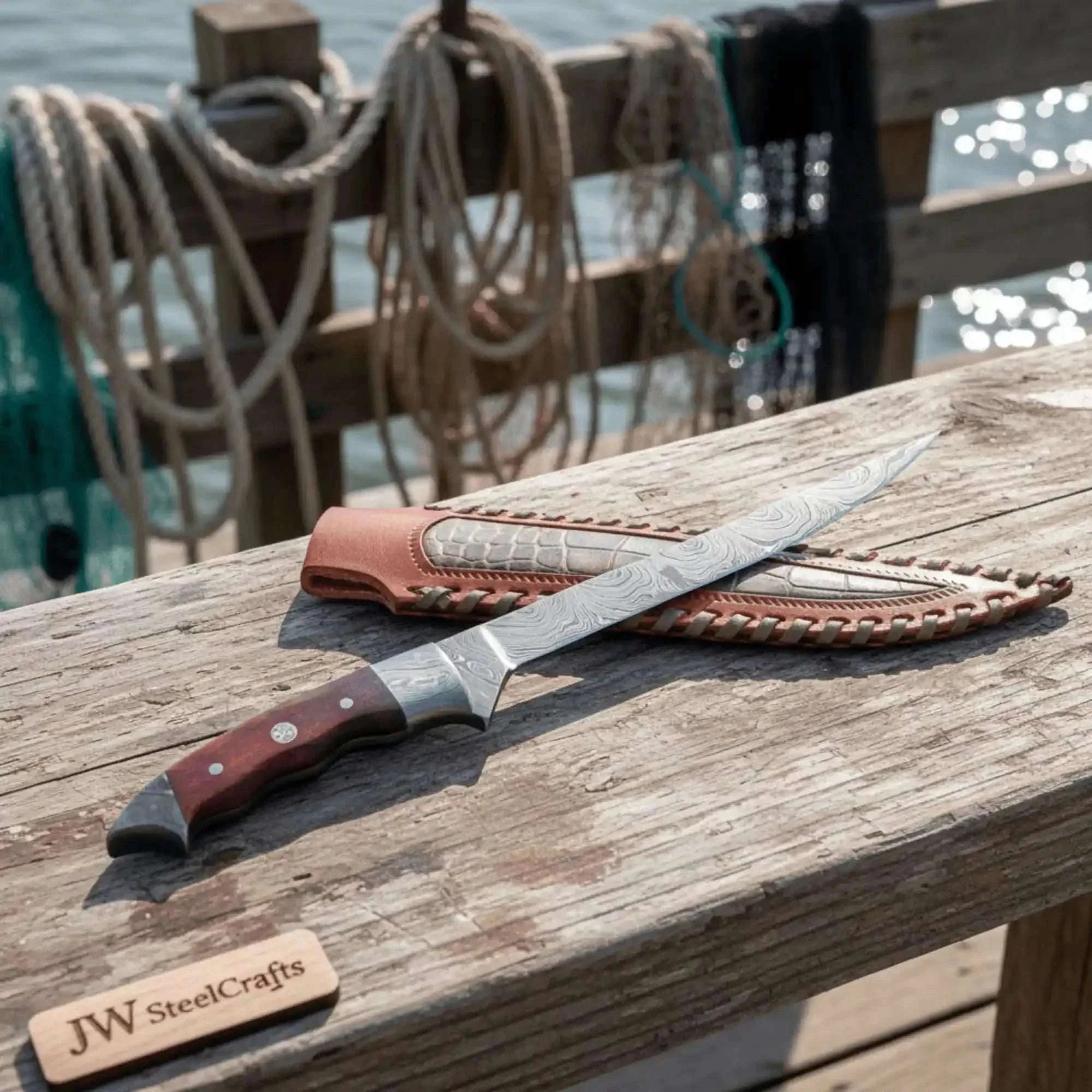 Palmarius Outdoors Handmade 13 Inch Overall Damascus Steel Fillet Knife – Full Tang Fishing Knife with Hardwood Handle and Leather Sheath. Handmade Fillet Knives