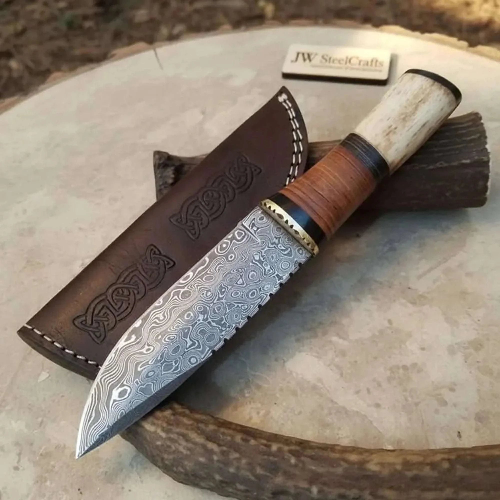 Palmarius Outdoors Handmade Damascus Steel Hunting Knife with Leather Sheath & Bone Handle Hunting Knife