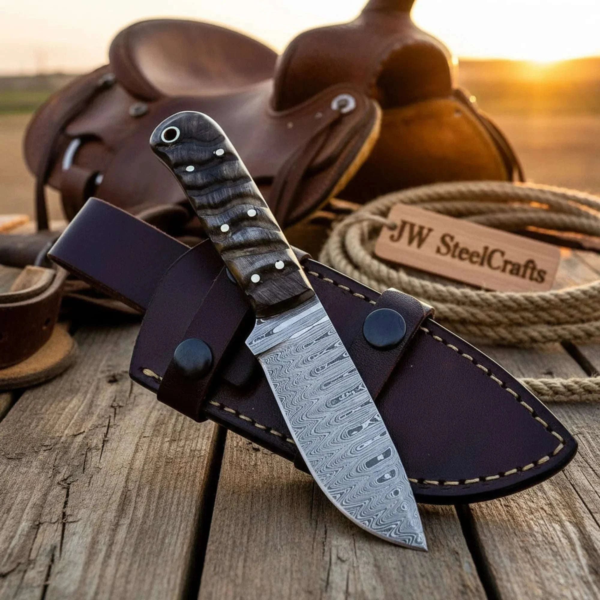 Palmarius Outdoors Handmade Damascus Steel Knife 7" Ram Horn Handle Fixed Blade Hunting Leather Sheath