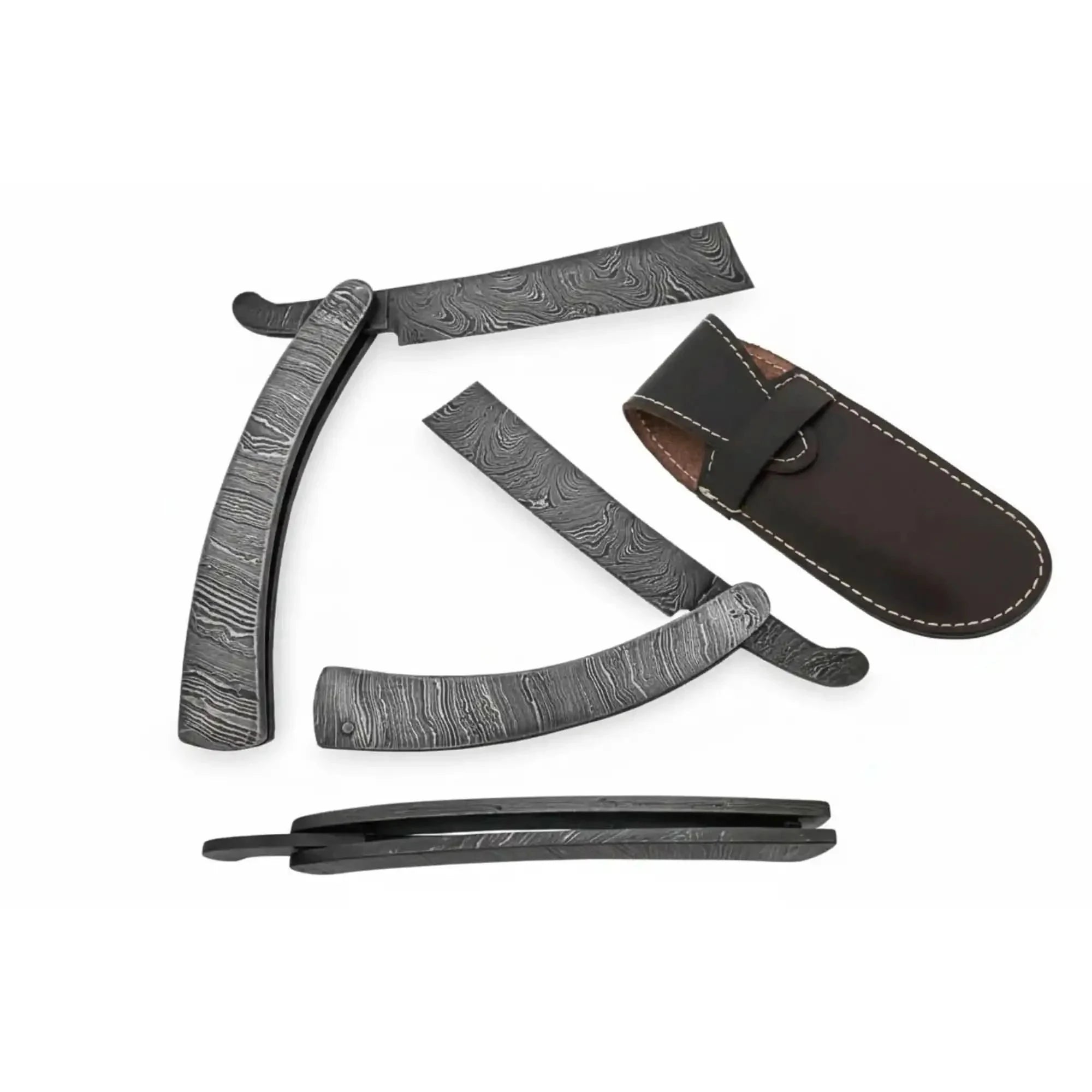 Palmarius Outdoors Handmade Damascus Steel Sweeney Todd Style Straight Razor Barber Folding Razor with Leather Sheath Damascus Straight Razors