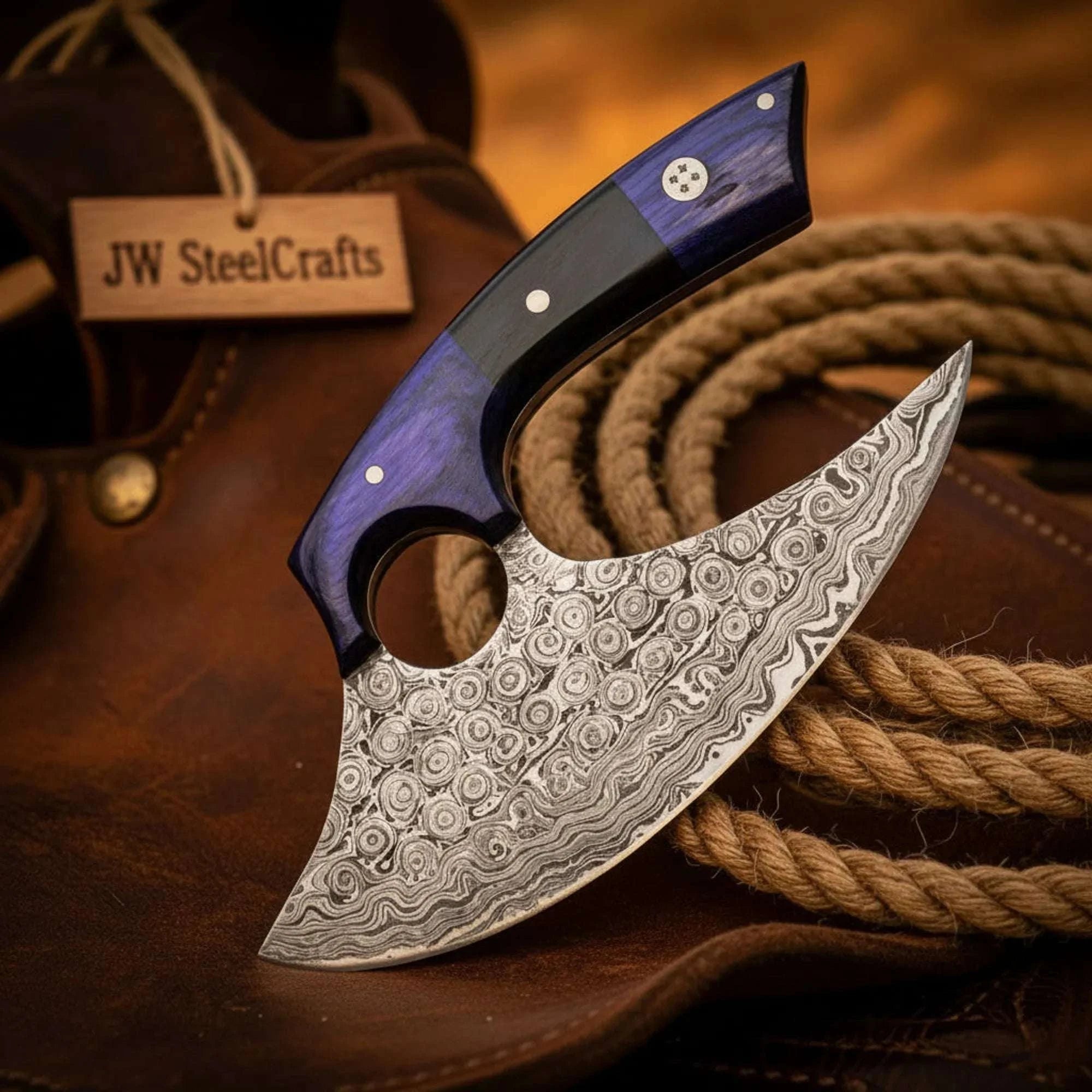 Palmarius Outdoors Handmade Damascus Ulu Knife 13" Wood Handle Pizza Cutter Chef Chopper Leather Sheath