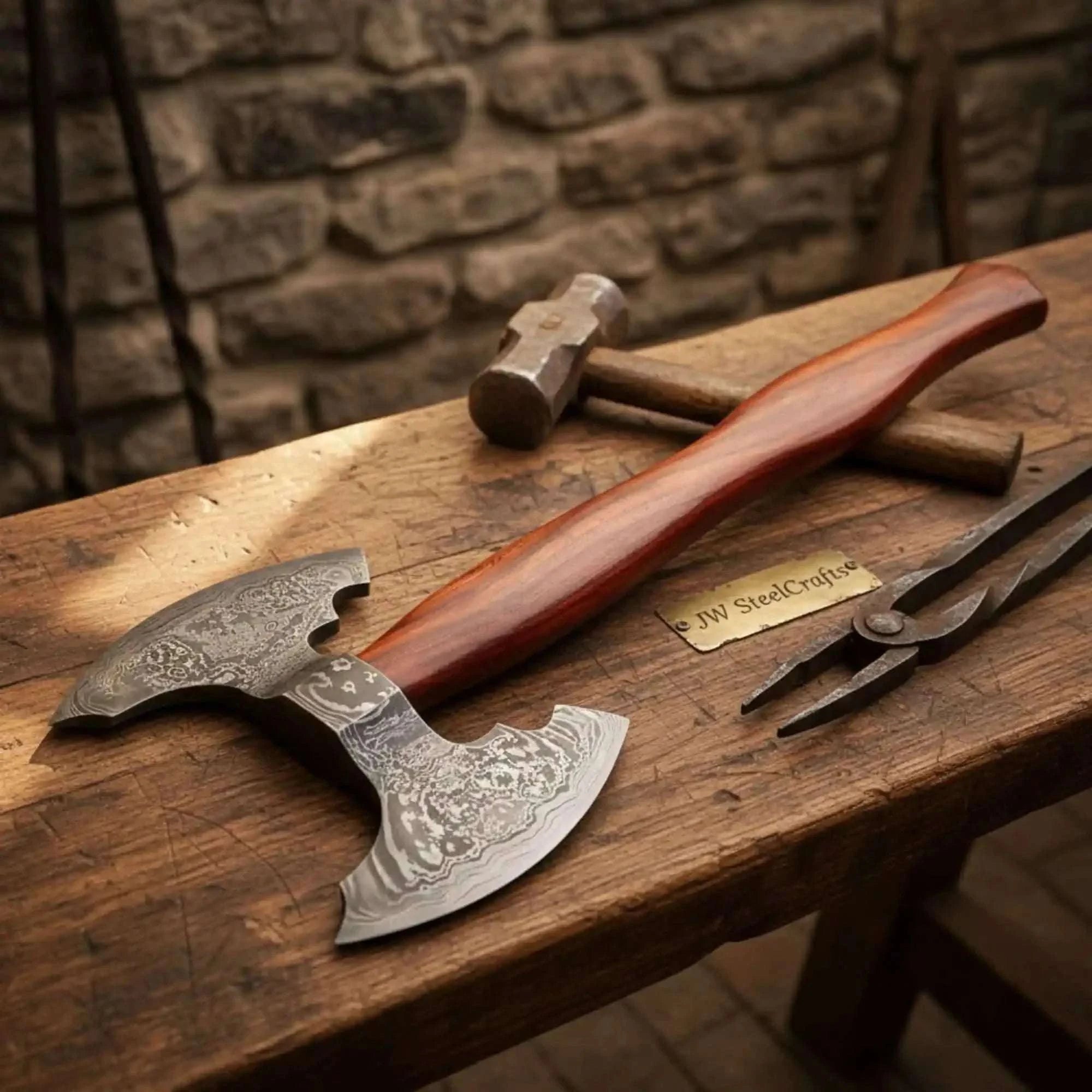 Palmarius Outdoors Handmade Viking Camp Axe, Broad Crescent Pattern-Welded Blade Handmade Axe