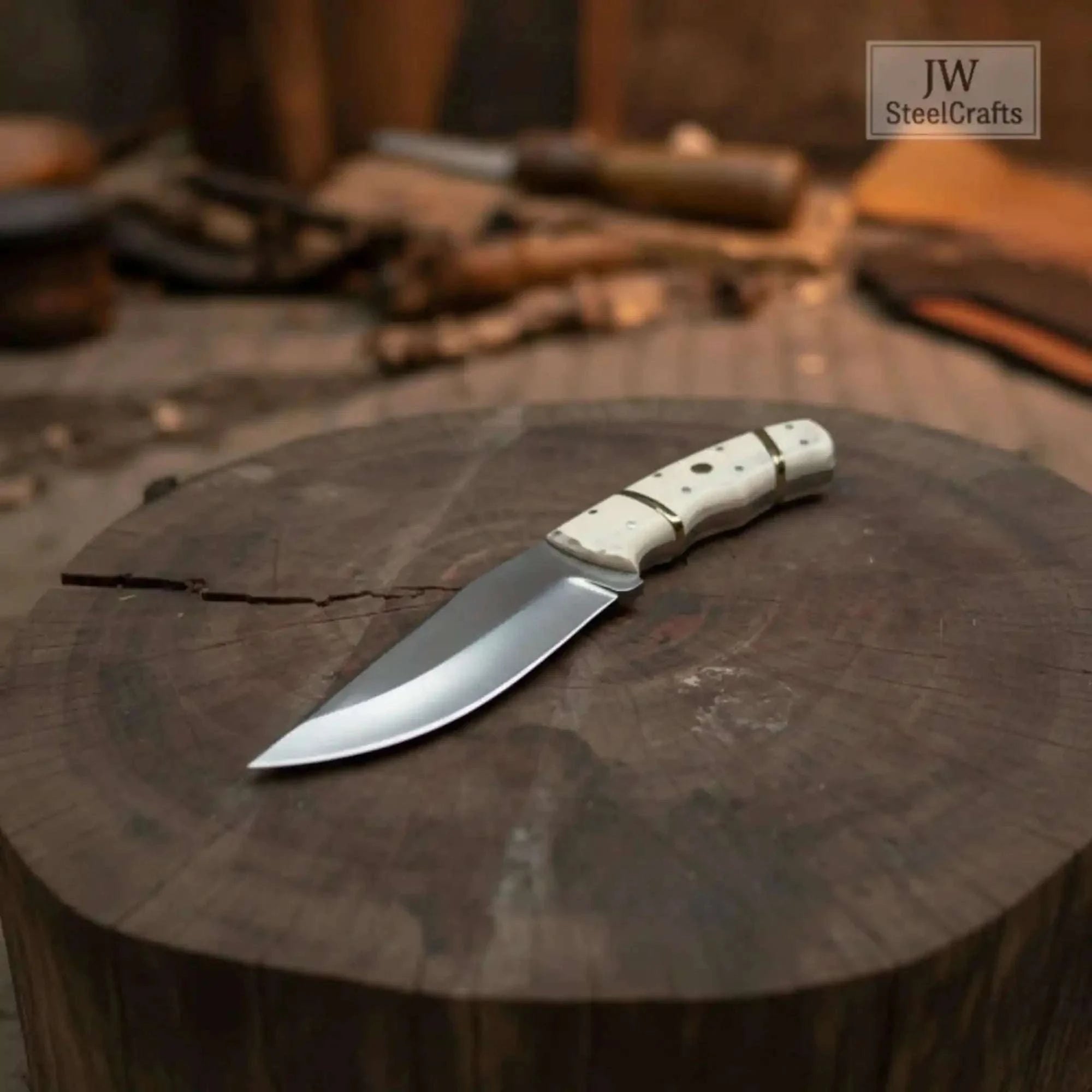 Palmarius Outdoors Ranch Hand Utility Knife Fixed Blade white resin Handle Full Tang Brass Spacer Western Knife