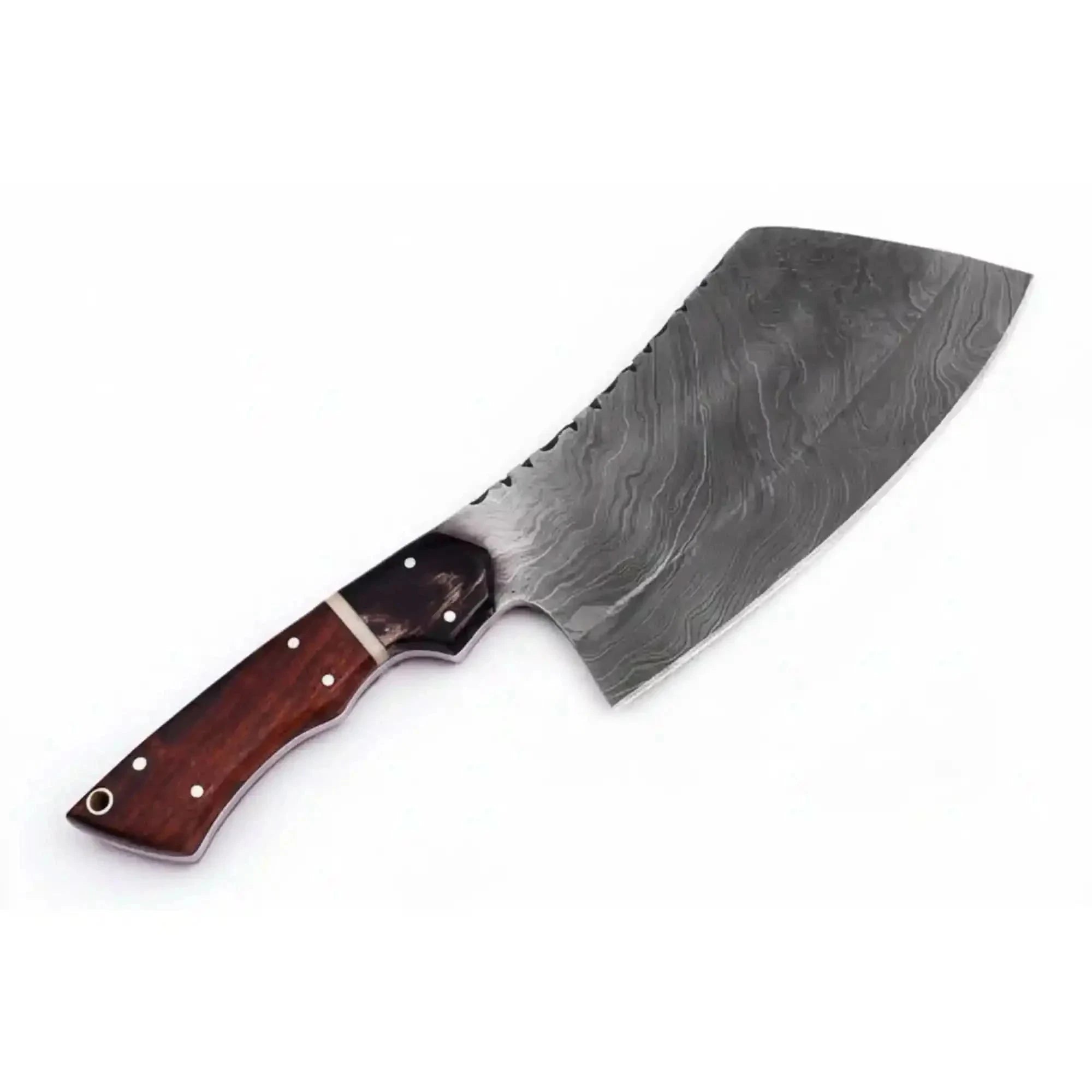 Palmarius Outdoors 10" Overall Handmade Damascus Cleaver Knife with Rosewood Handle, Steel Bolster & Brass Pins | Twisted Damascus Pattern Cleaver Knives