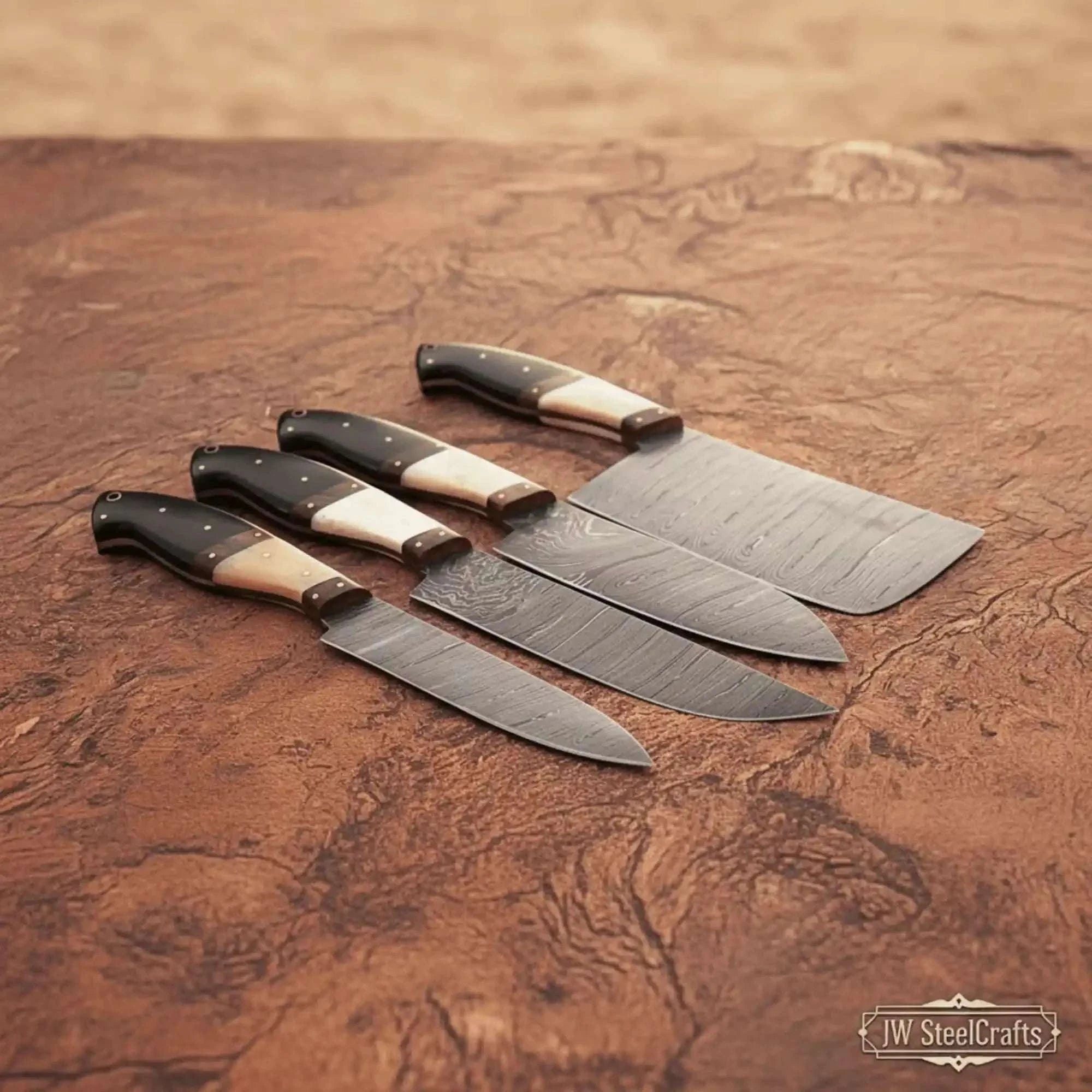 Palmarius Outdoors 4-piece high-carbon Damascus butcher knife set – bone and horn handle with brass pins Handmade Chef Knife Sets