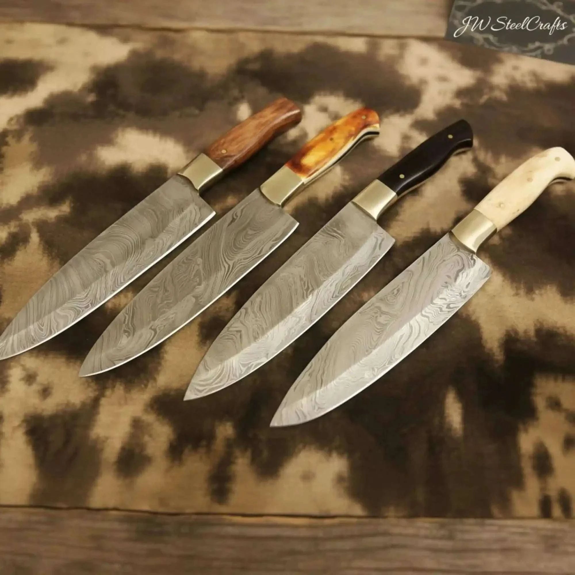 Palmarius Outdoors Handmade Damascus Chef Knife Set with Mixed Handles and Brass Bolsters Handmade Chef Knife Sets
