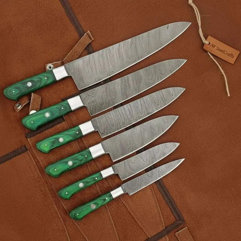 Palmarius Outdoors 6-piece handmade Damascus chef knife set with green pakkawood handles Handmade Chef Knife Sets