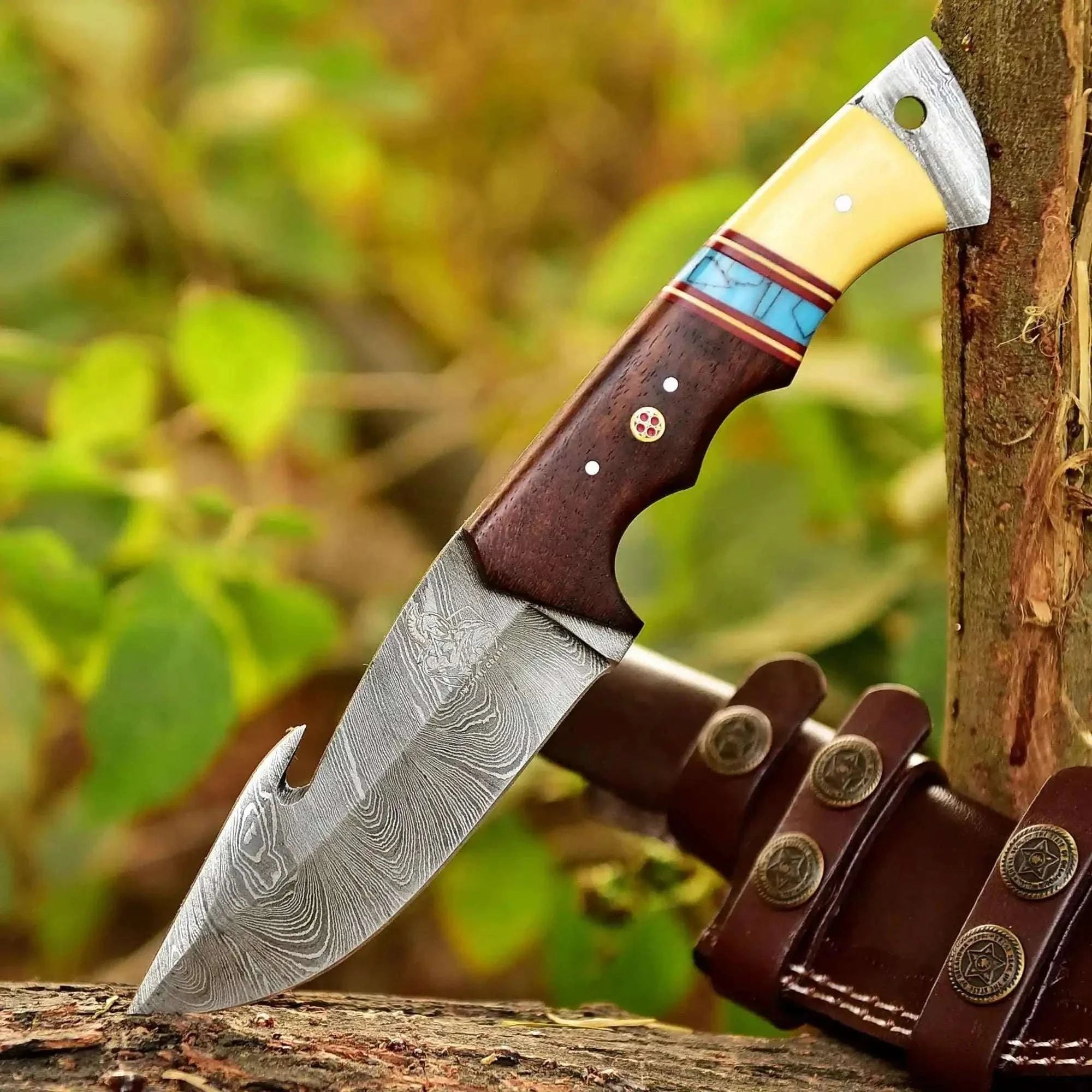 Palmarius Outdoors 10-Inch Damascus Gut Hook Hunting Knife — Bone, Turquoise Resin & Rosewood Handle Handmade Gut Hook Knives