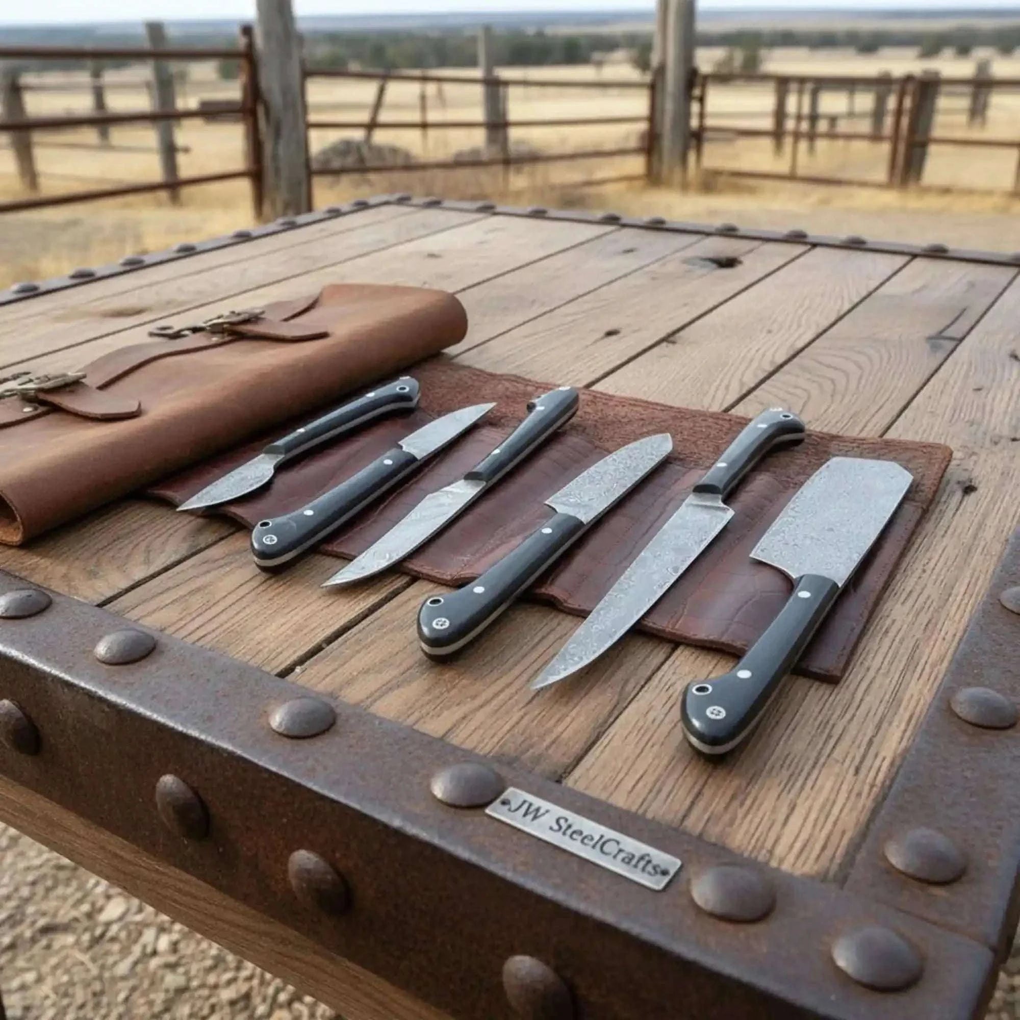 Palmarius Outdoors 6-Piece Damascus Kitchen Knife Set with Leather Roll — Black Resin Handles, Steel Bolsters, 7 to 10 Inch Blades | JW Steel Crafts Handmade Chef Knife Sets