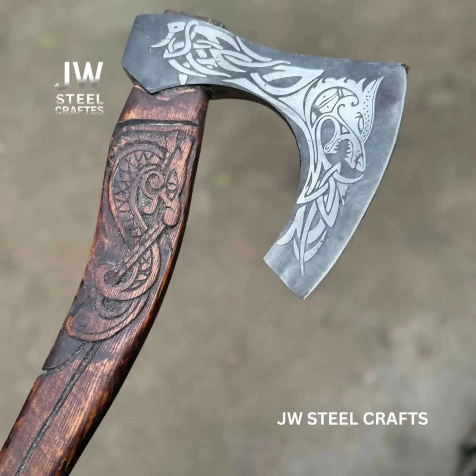 Palmarius Outdoors Hand-Engraved Viking Bearded Axe with Carved Hardwood Handle – Damascus Steel Blade | JW SteelCrafts Handmade Axe