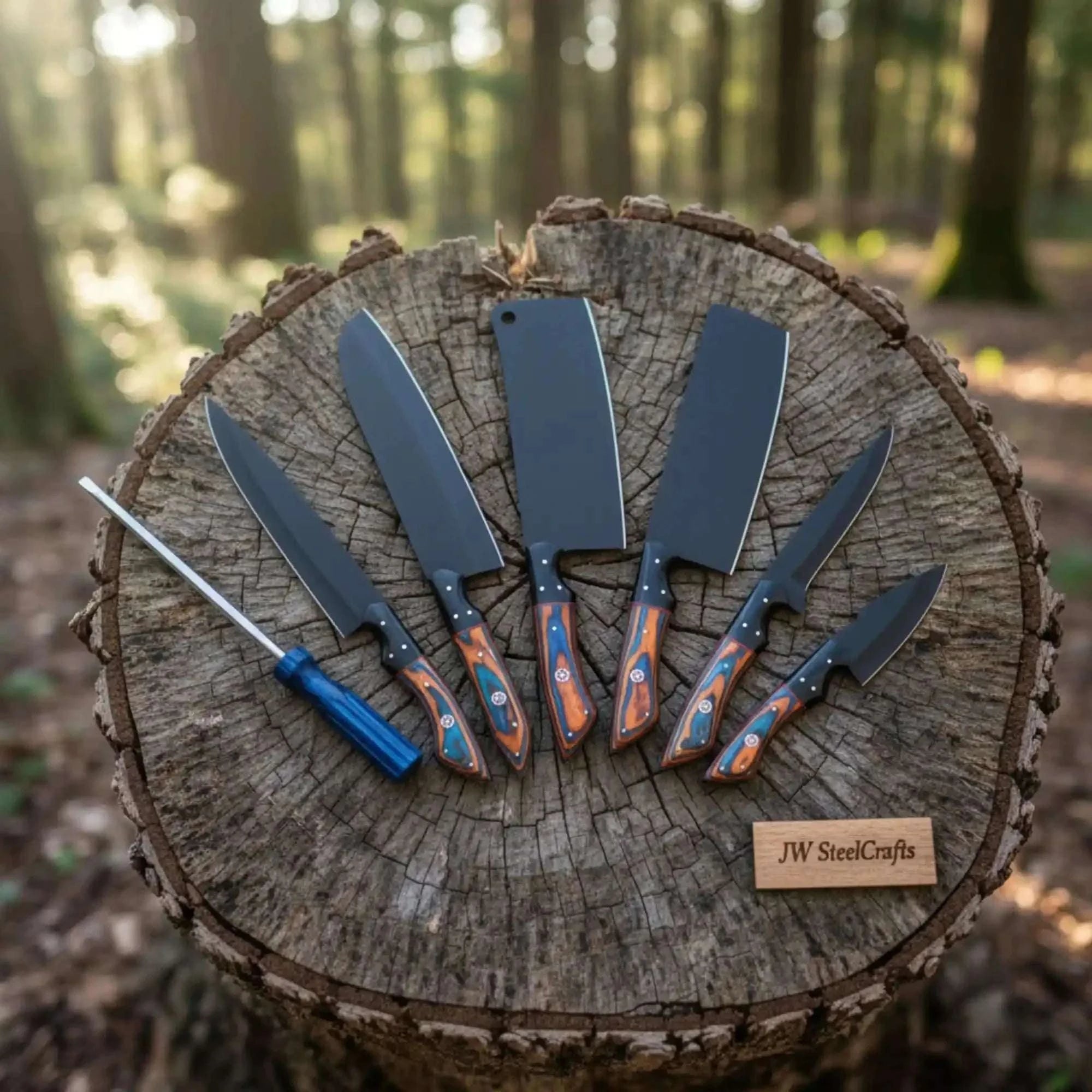 Palmarius Outdoors Custom Handmade Japanese Kitchen Knife Set with Multicolor Pakka Wood Handles Damascus Steel Kitchen Knife Set