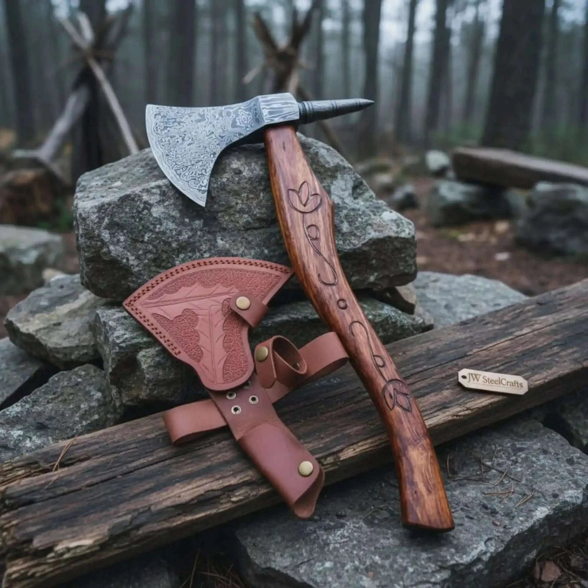 Palmarius Outdoors Varrok Spike Tomahawk axe with Damascus Steel Head Handmade Axe