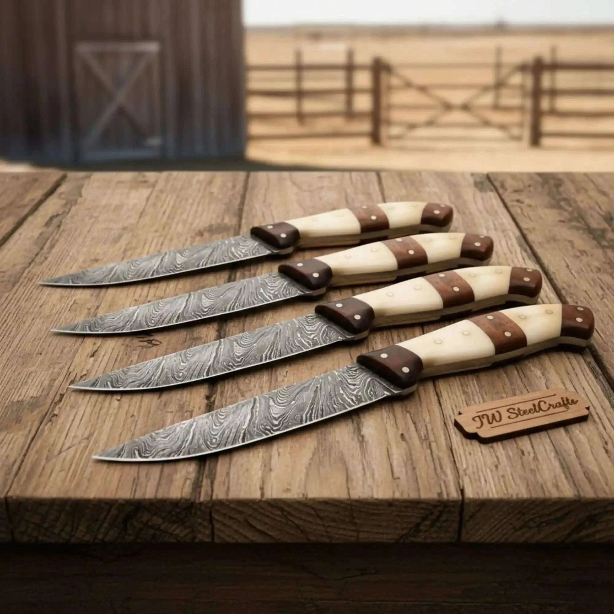 Palmarius Outdoors 5-Piece Handmade Damascus Steak Knife Set, Bone & Rosewood Handle, Premium Dining Knives Steak Knives