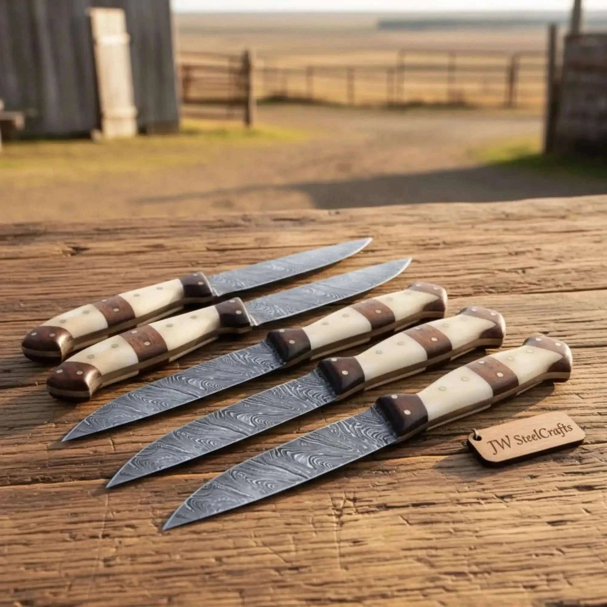 Palmarius Outdoors 5-Piece Handmade Damascus Steak Knife Set, Bone & Rosewood Handle, Premium Dining Knives Steak Knives