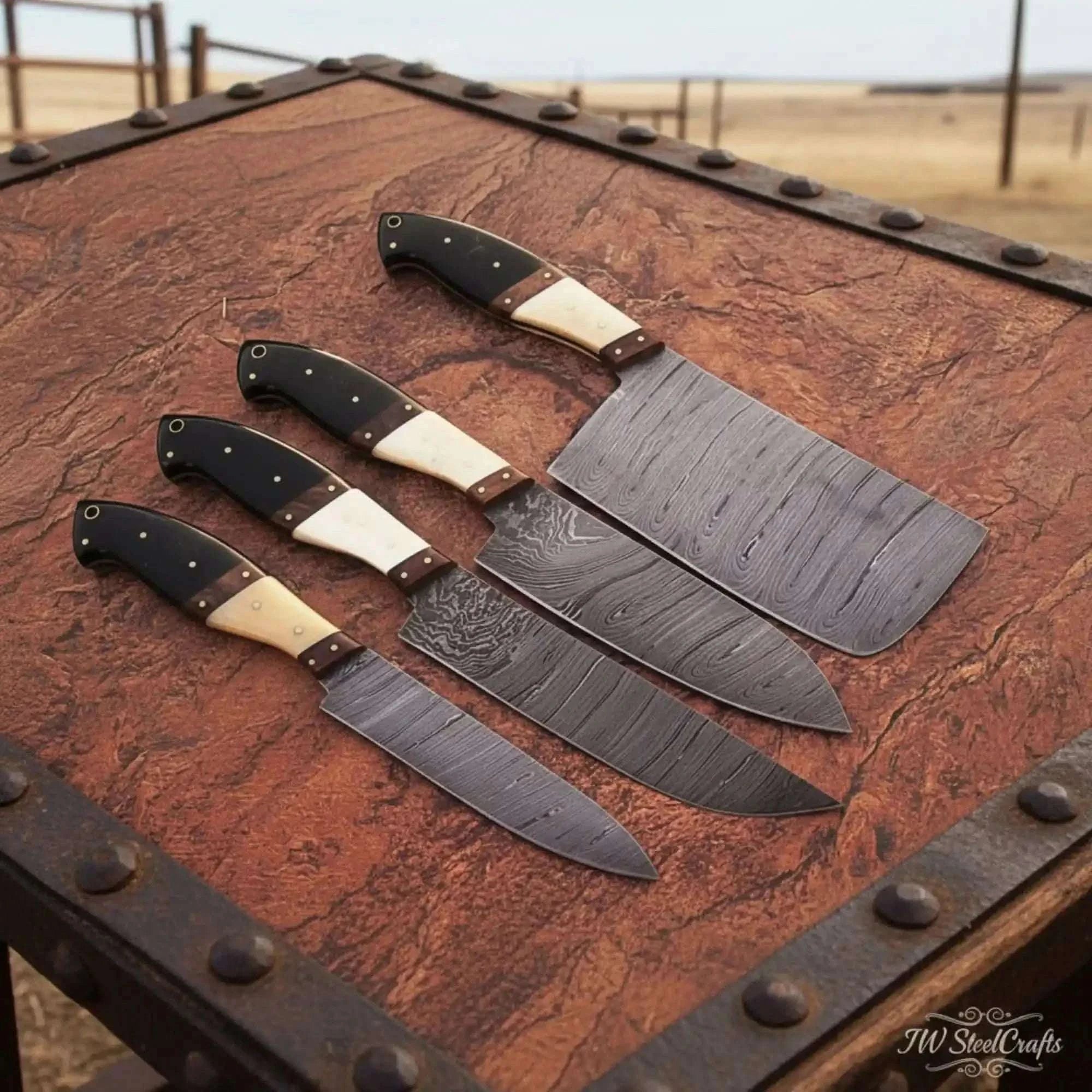 Palmarius Outdoors 5 piece Handmade Damascus Kitchen Knife Set with Black Resin White Bone and Rosewood Handles Handmade Chef Knife Sets