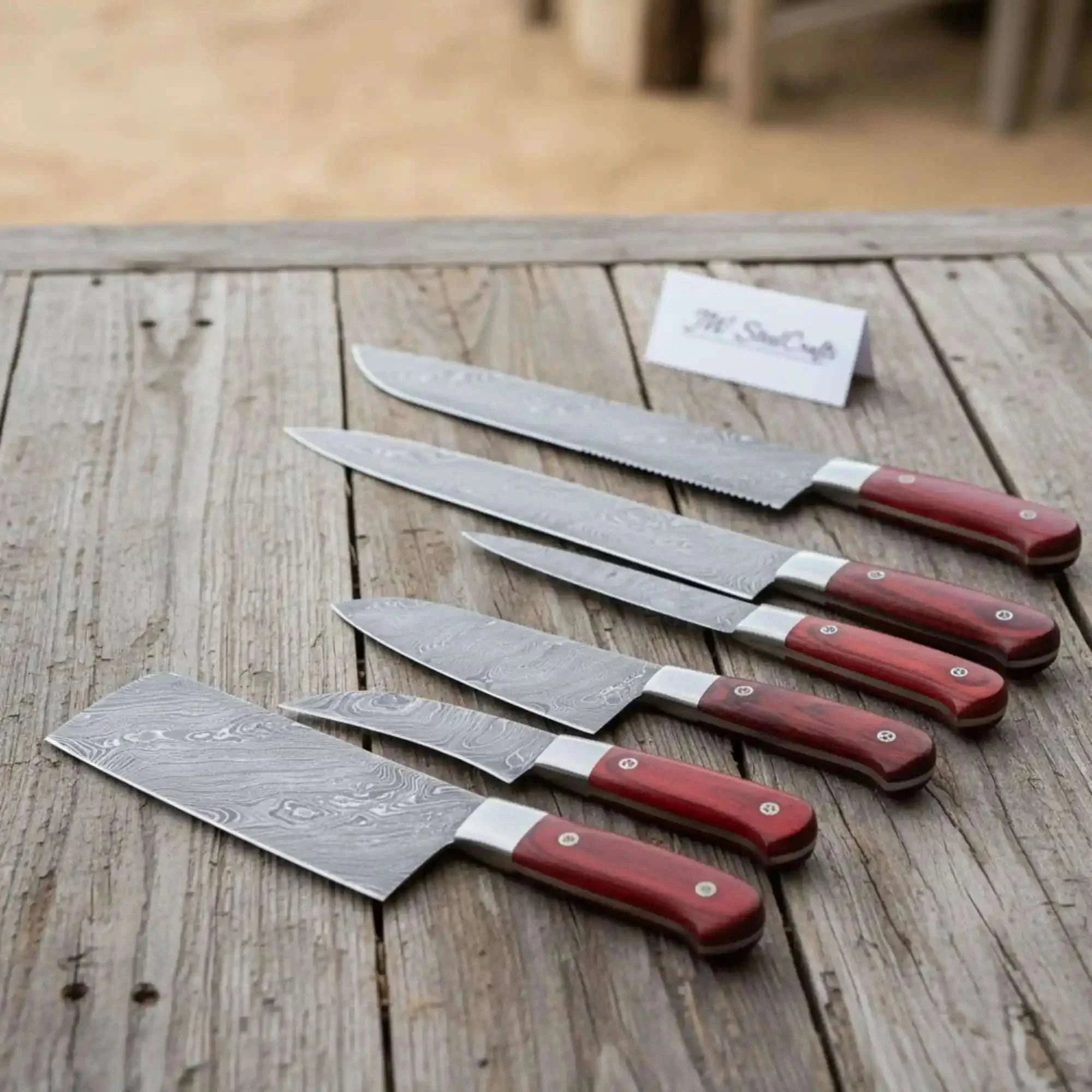 Palmarius Outdoors 7-Piece Kitchen Knife Set with Vegetable Cleaver with Red Pakka Wood Handles and Swirl Damascus Blades Handmade Chef Knife Sets