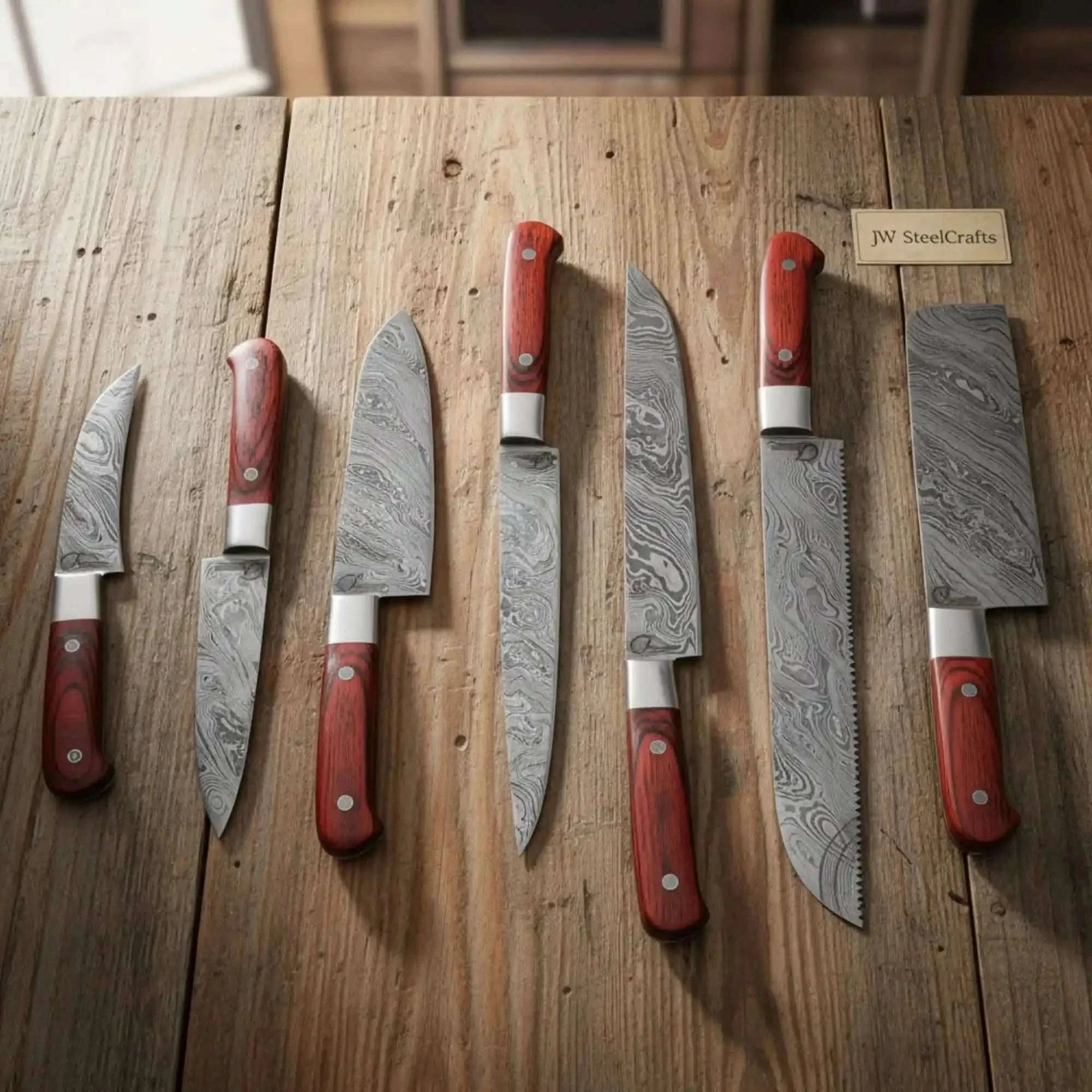 Palmarius Outdoors 7-Piece Kitchen Knife Set with Vegetable Cleaver with Red Pakka Wood Handles and Swirl Damascus Blades Handmade Chef Knife Sets