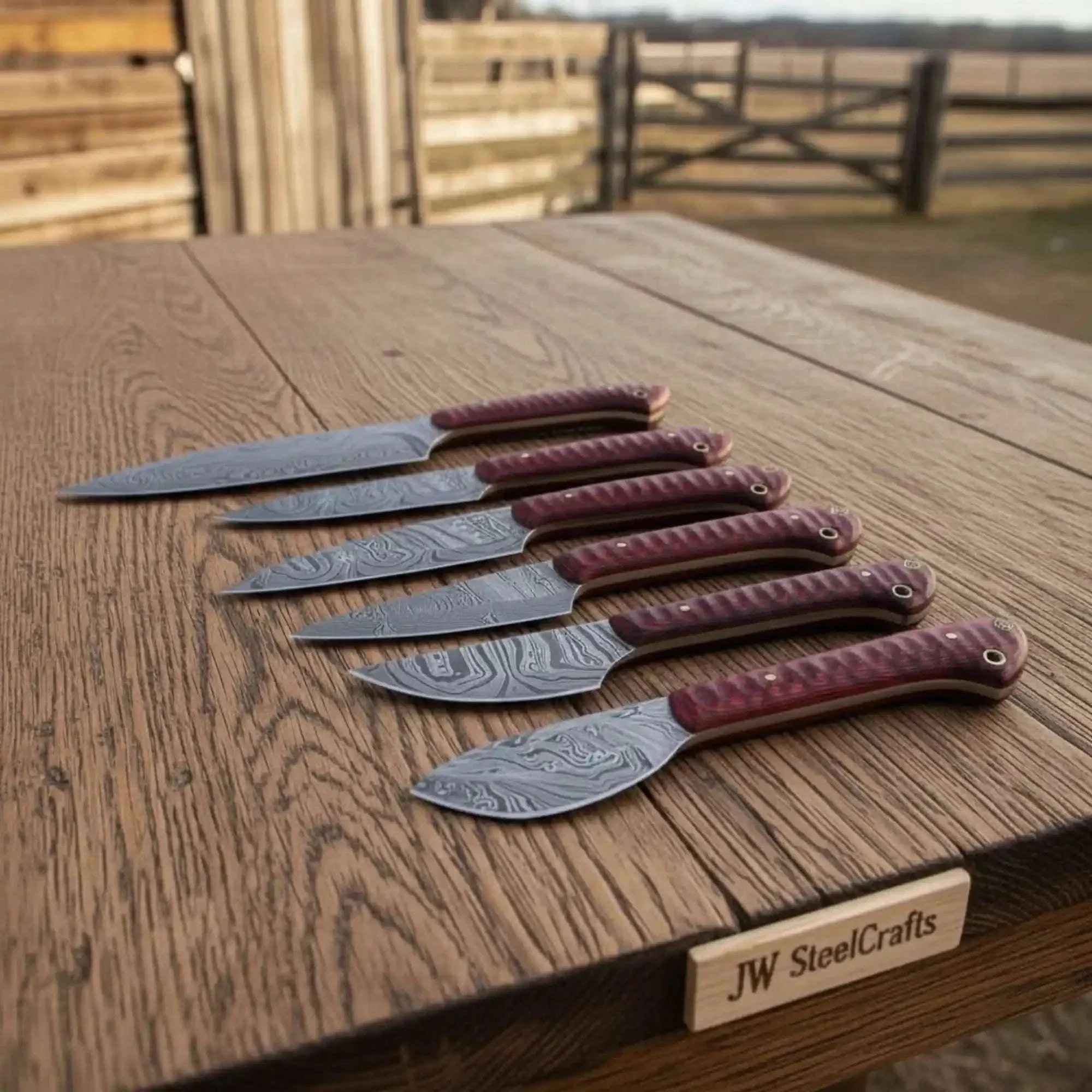 Palmarius Outdoors 6-Piece Damascus Kitchen Knife Set with Red Burl Pakka Wood Handles & Lanyard Holes | JW Steel Crafts Handmade Chef Knife Sets