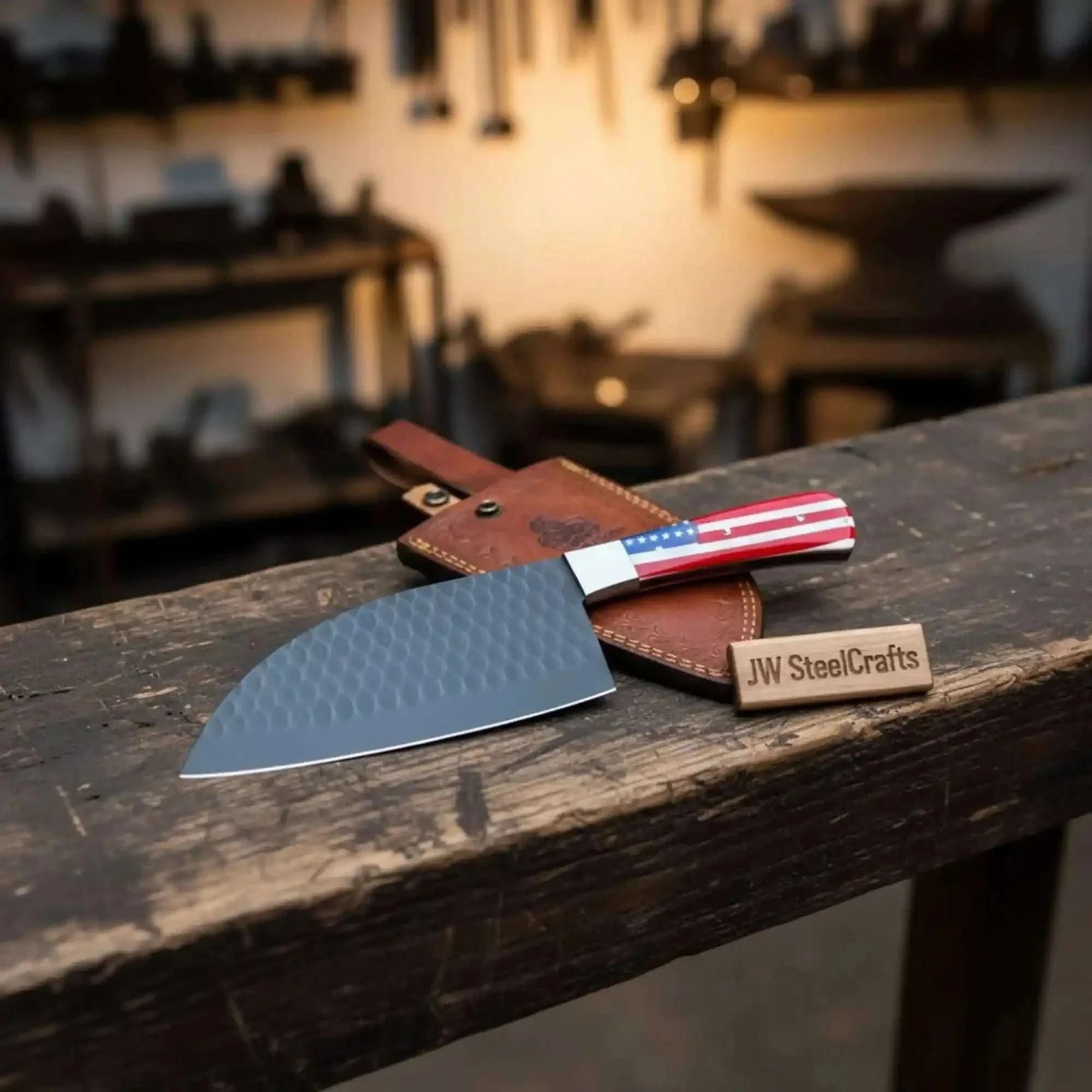 Palmarius Outdoors Ko-Santoku Knife with Hammered Carbon Steel Blade and USA Flag Handle Cleaver Knives