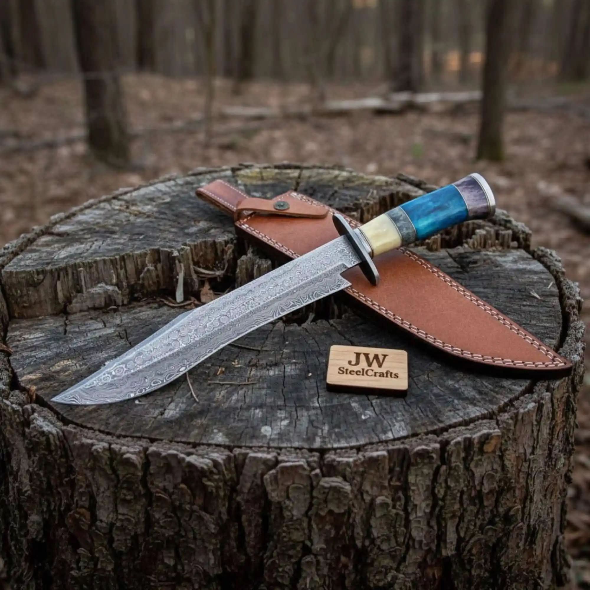 Palmarius Outdoors Long California Clip Point Bowie Knife in Forged Damascus Steel Clip Point Bowie Knives
