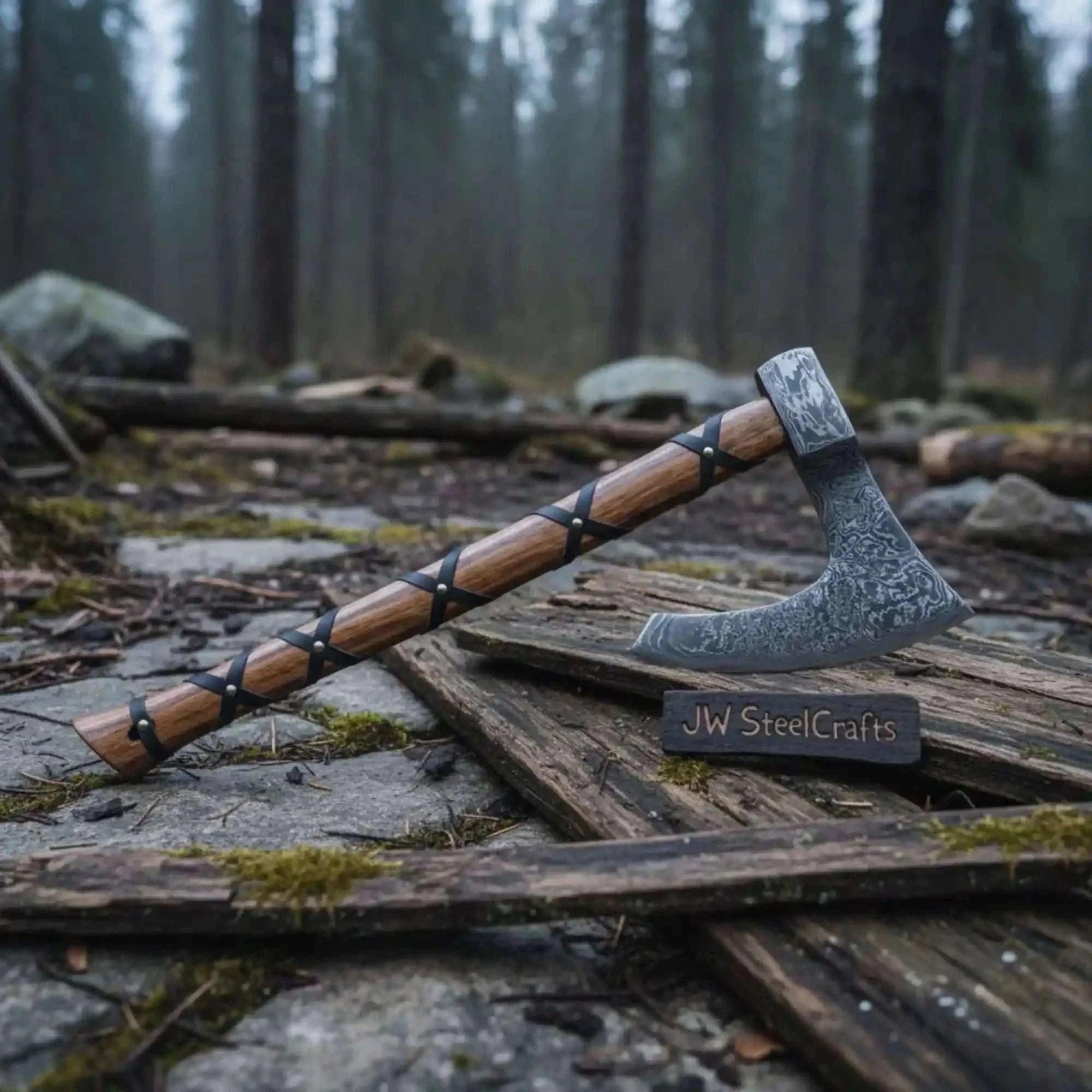 Palmarius Outdoors Handmade Damascus Skeggøx Bearded Axe with Leather Wrap and Sheath Handmade Axe