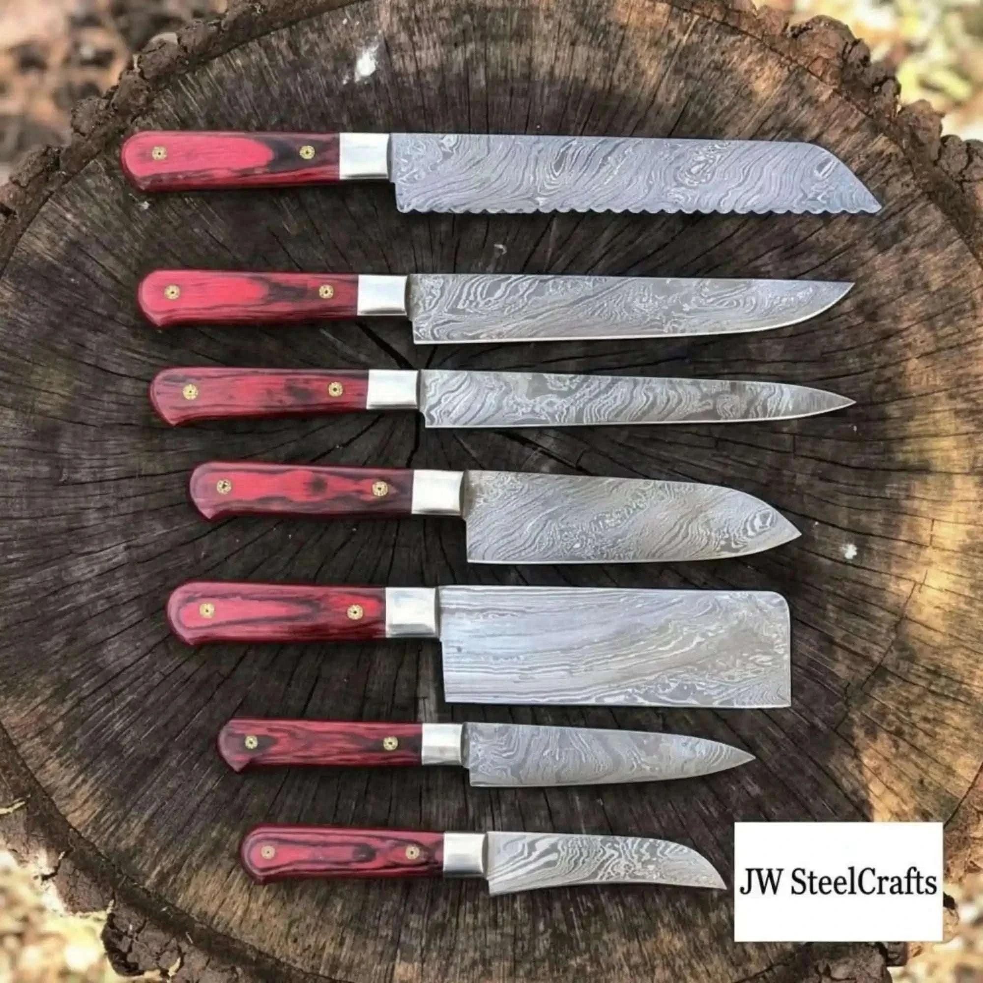 Palmarius Outdoors Handmade Damascus Kitchen Knife Set with Red Pakka Wood Handles | Complete 7-Piece Collection Handmade Chef Knife Sets