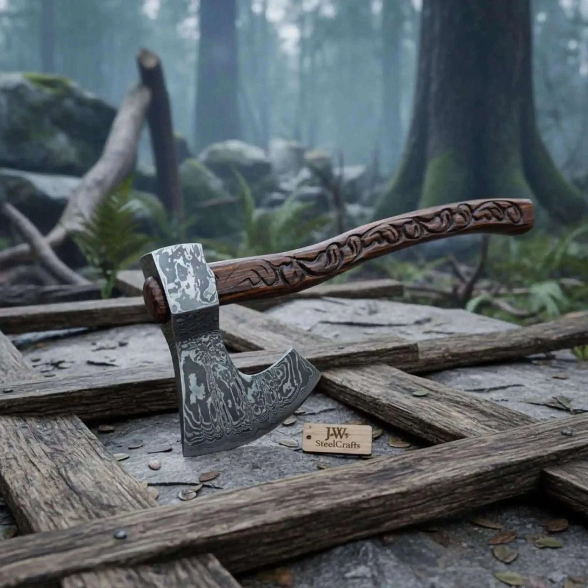 Palmarius Outdoors Traditional Woodsman’s Bearded Axe, Hand-Carved Hardwood Handle, Pattern Steel Edge Handmade Axe