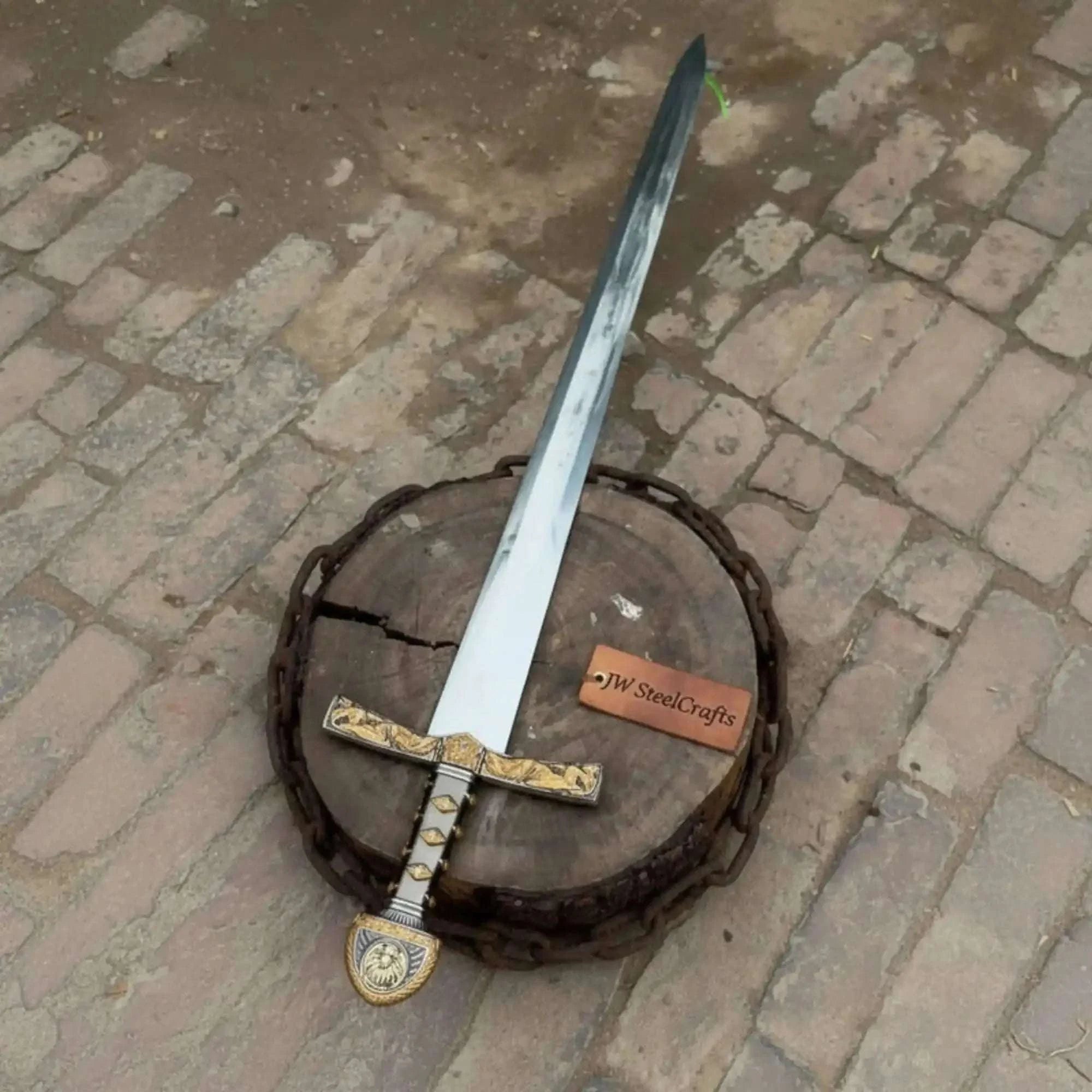 Palmarius Outdoors Handmade Medieval Knight Sword Replica in Satin Steel with Gold Accent Guard