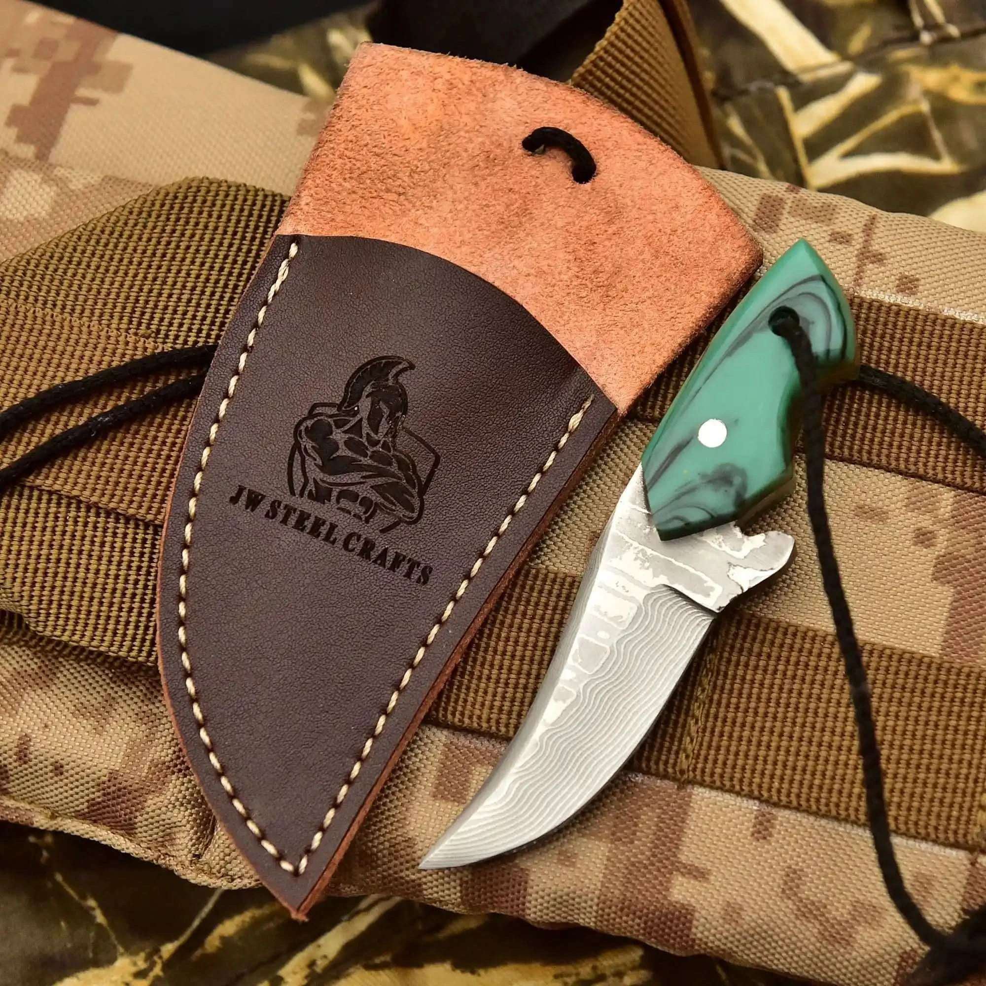 Palmarius Outdoors Neck Knife with Leather Sheath – Mini Damascus Pattern Blade | Green Resin Handle | JW SteelCrafts Neck Knife