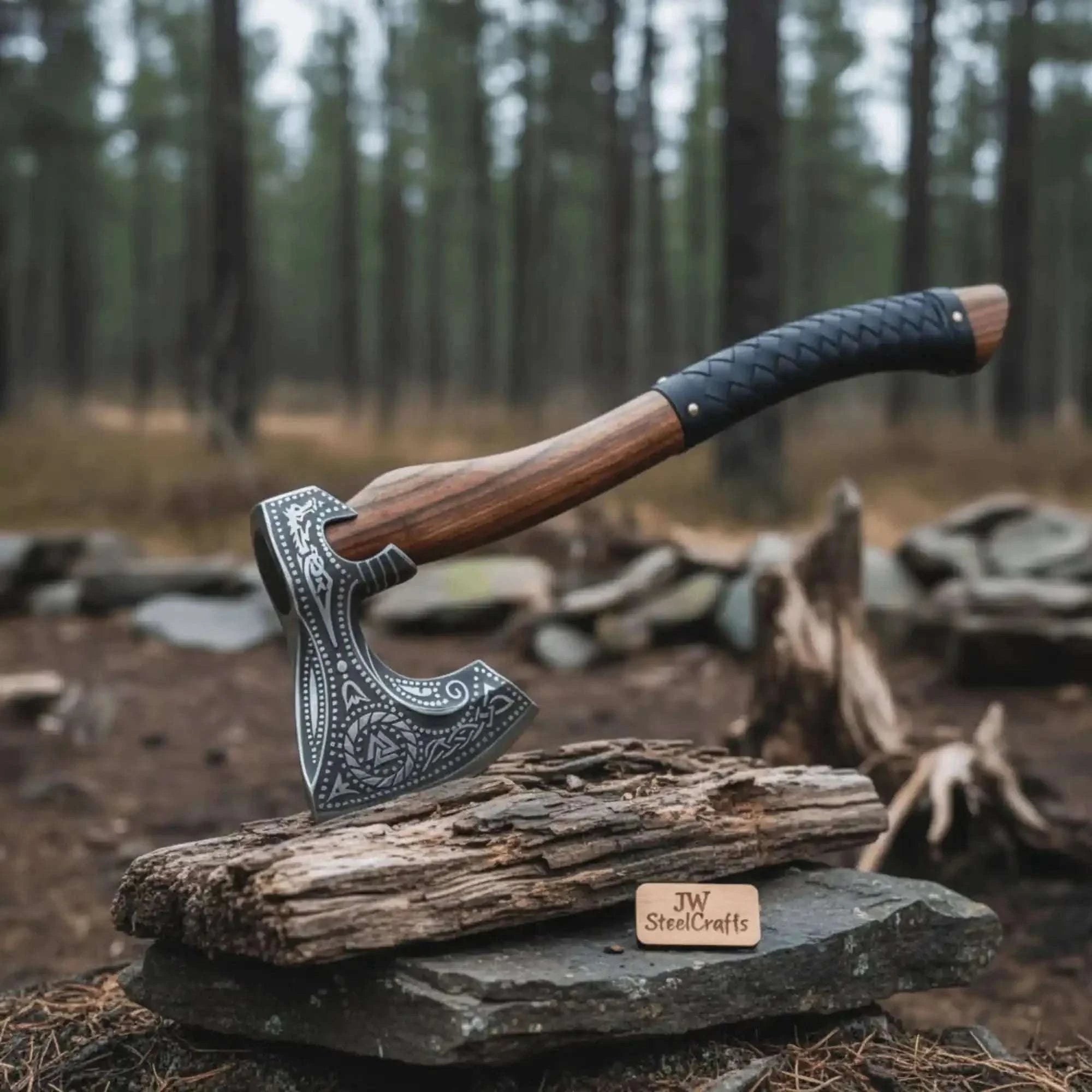 Palmarius Outdoors Norse Engraved Camp Hatchet with Leather Wrapped Handle and Belt Sheath | JW SteelCrafts Handmade Axe