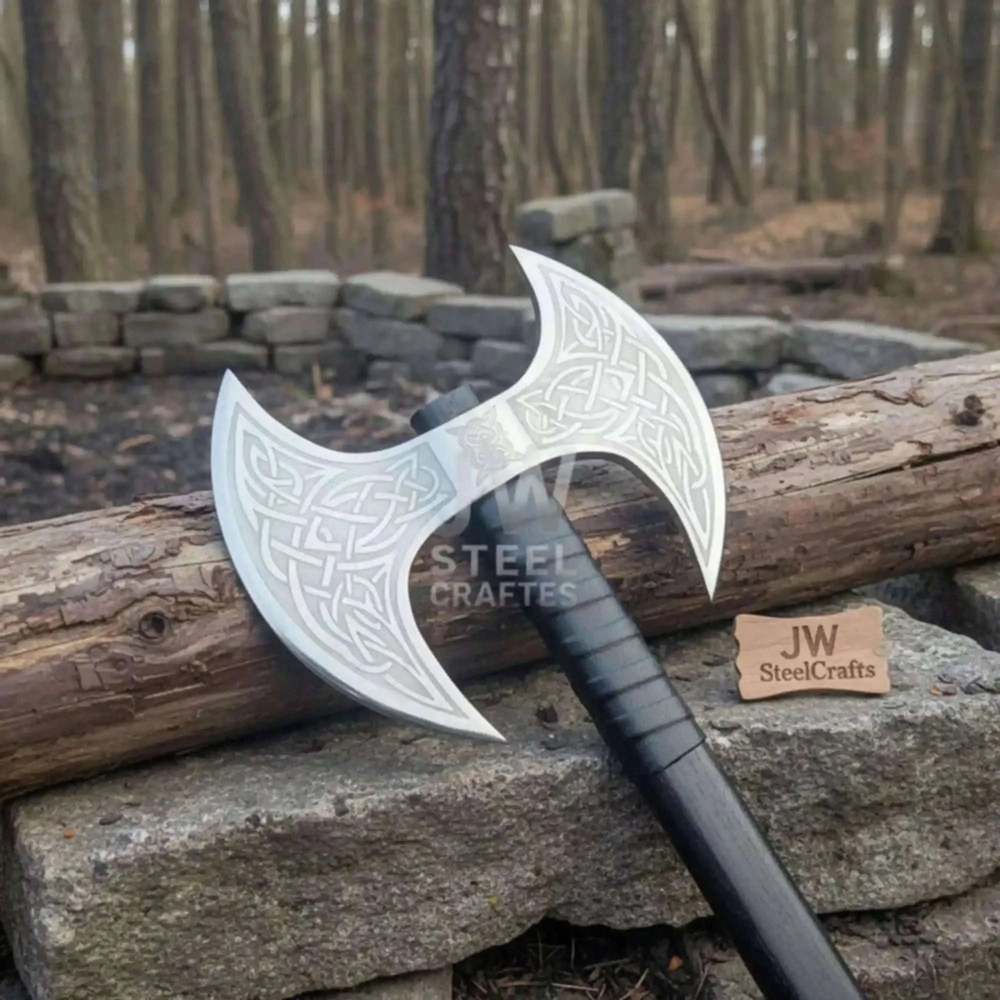 Palmarius Outdoors Custom Handmade Double-Headed Viking Axe with Nordic Knotwork Engravings and Cord-Wrapped Handle Handmade Axe