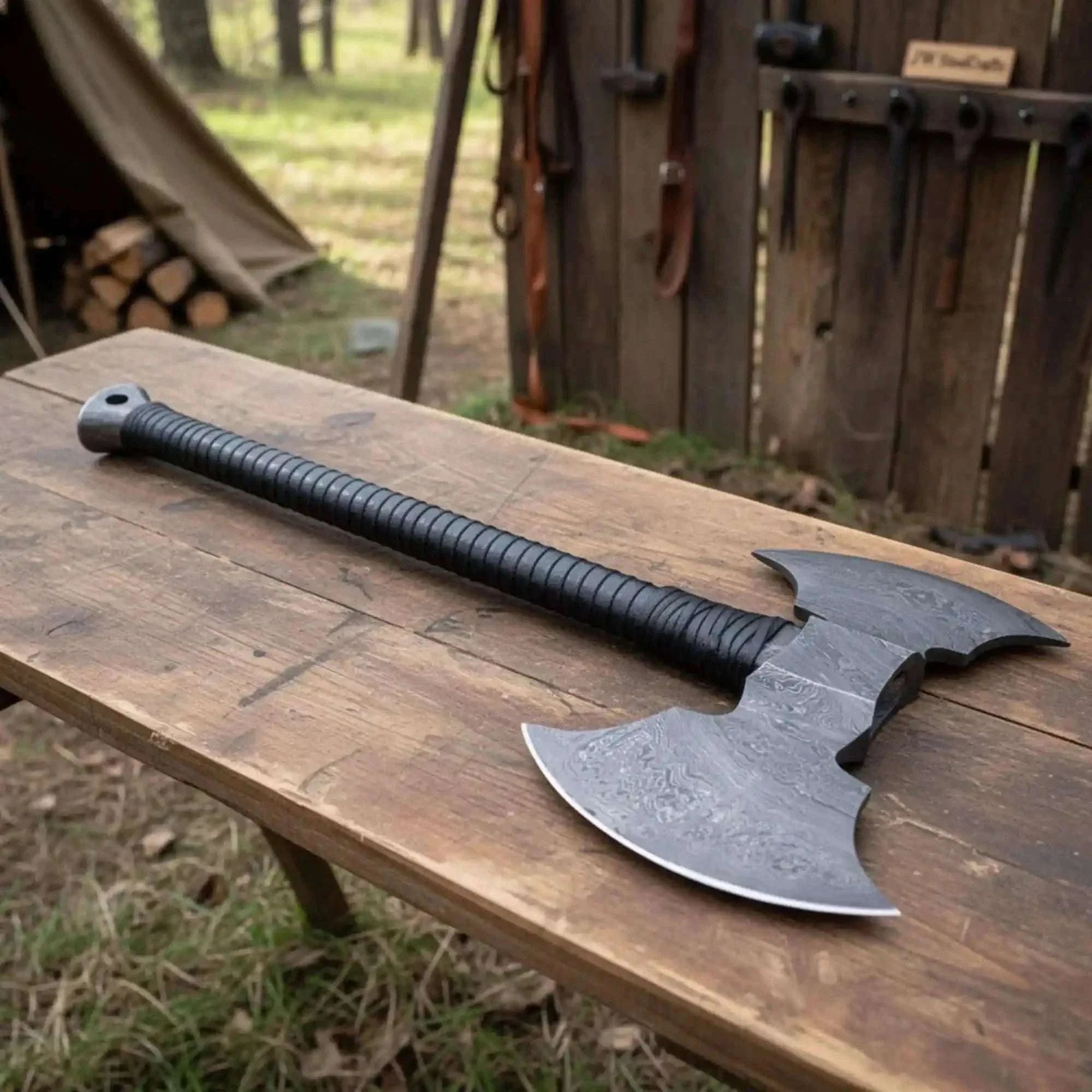Palmarius Outdoors Historic Viking Skeggøx Bearded Axe — Extended 22” Handle, Functional Damascus Edge Handmade Axe