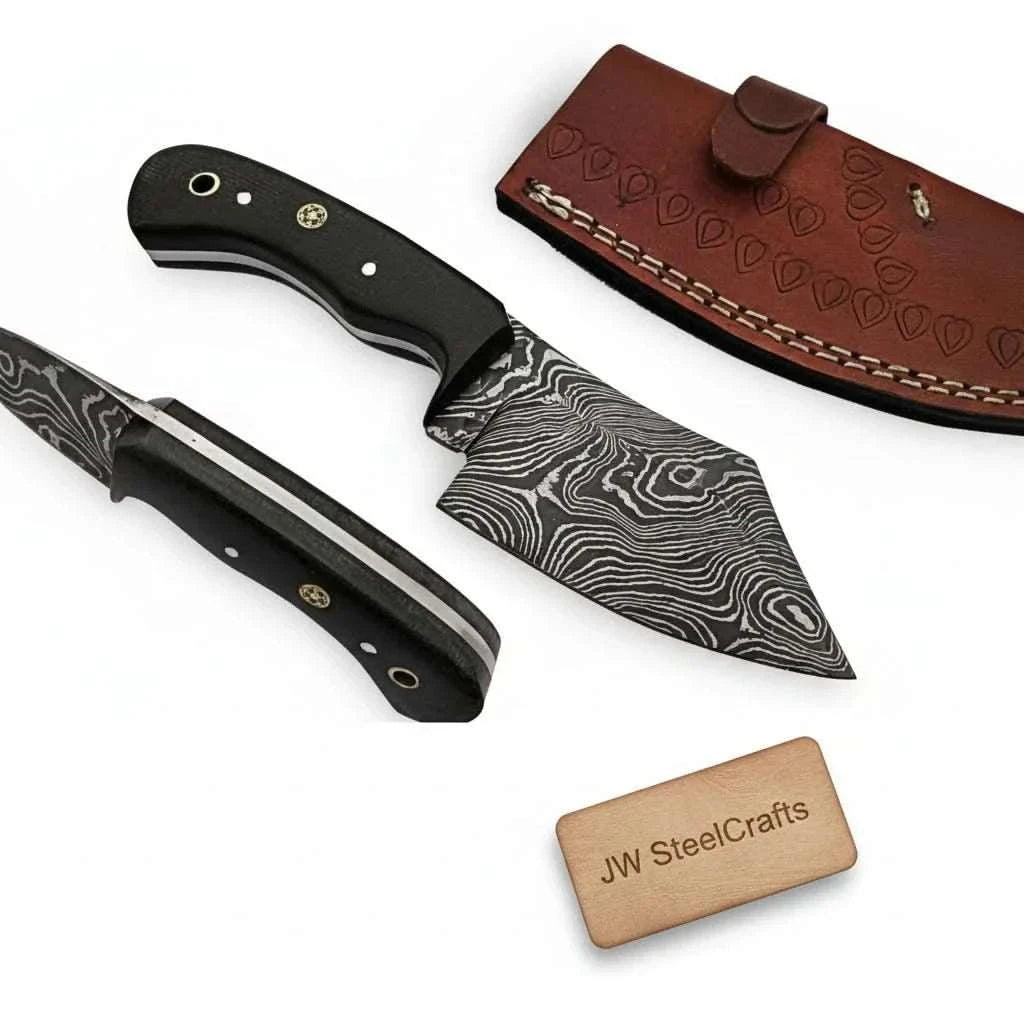 Palmarius Outdoors Handmade Damascus Skinner Knife Full Tang Twisted Pattern Blade Black Micarta Handle With Leather Sheath Skinner Knife